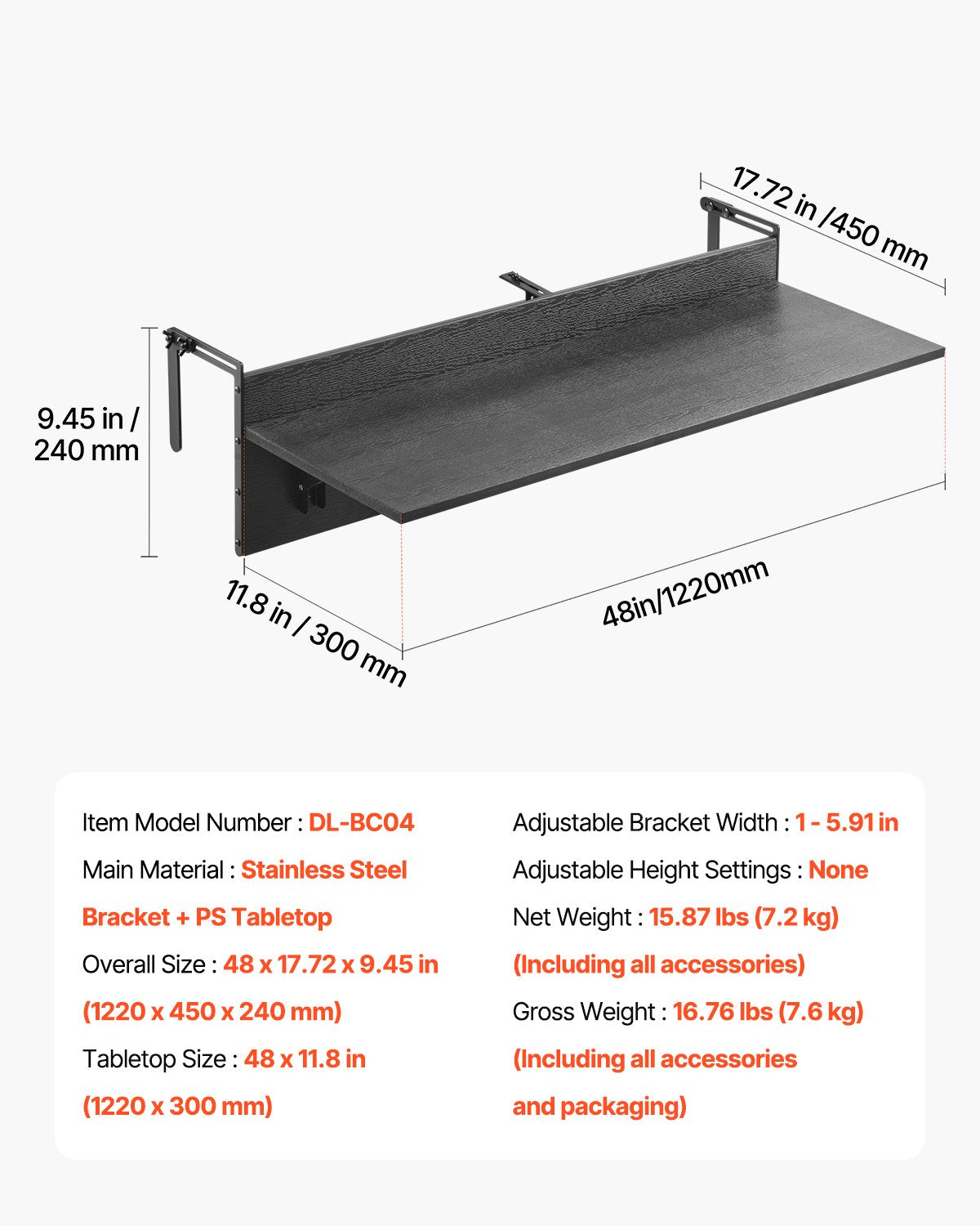 VEVOR Balcony Hanging Table 12 x 48 in Patio Railing Bar Table Foldable