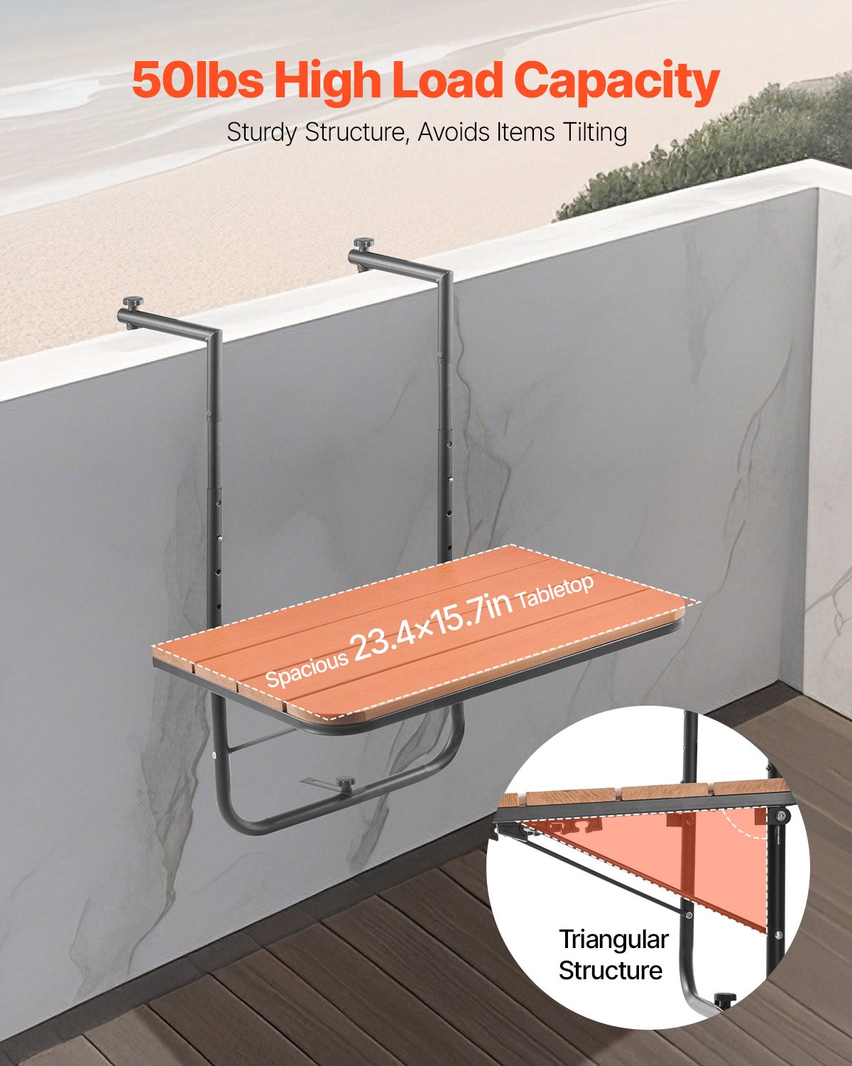 VEVOR Balcony Hanging Table 25 x 24 in Patio Railing Bar Table Adjusable