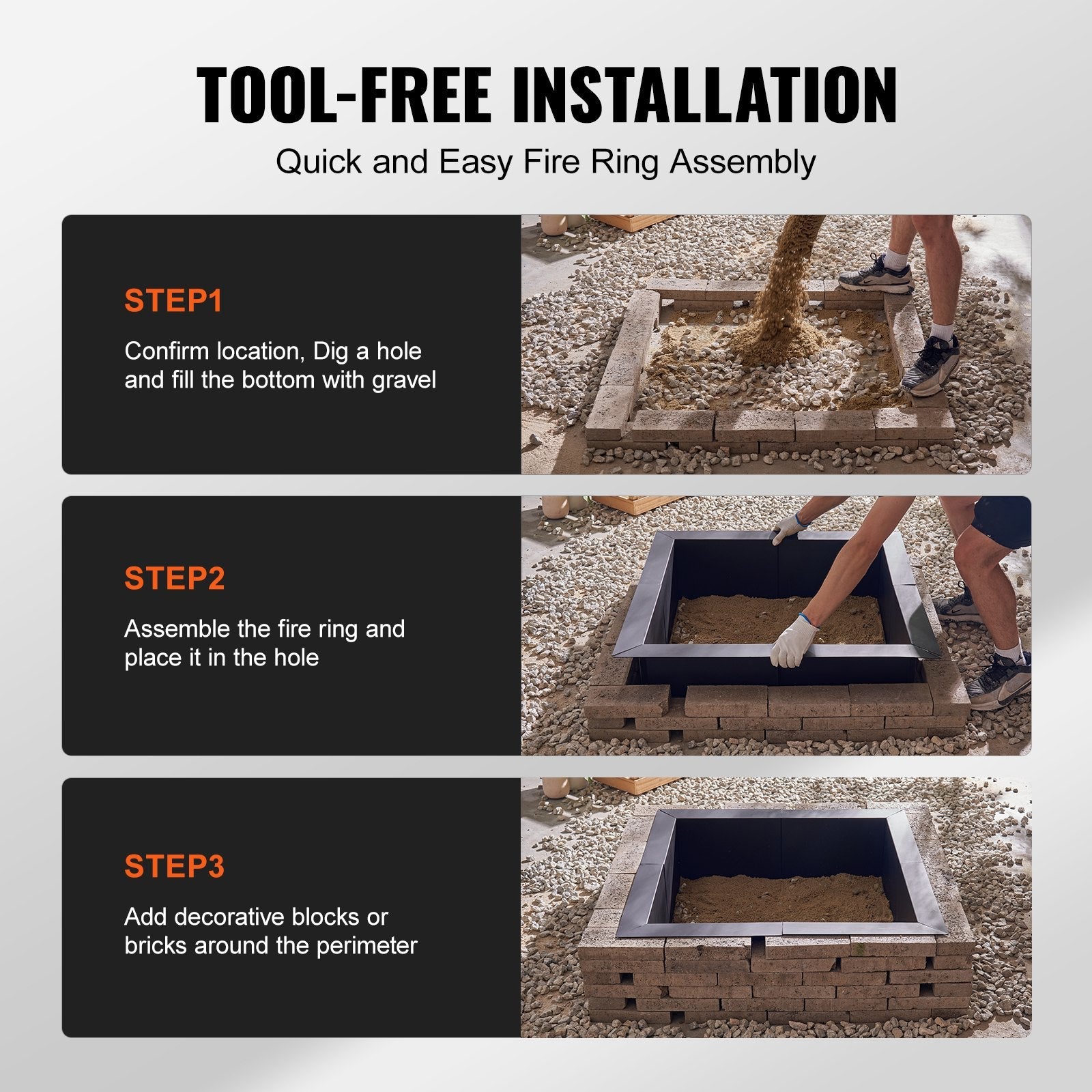 VEVOR Fire Pit Ring Square 36x36 in Outer Steel Liner DIY Campfire Ring Firepit