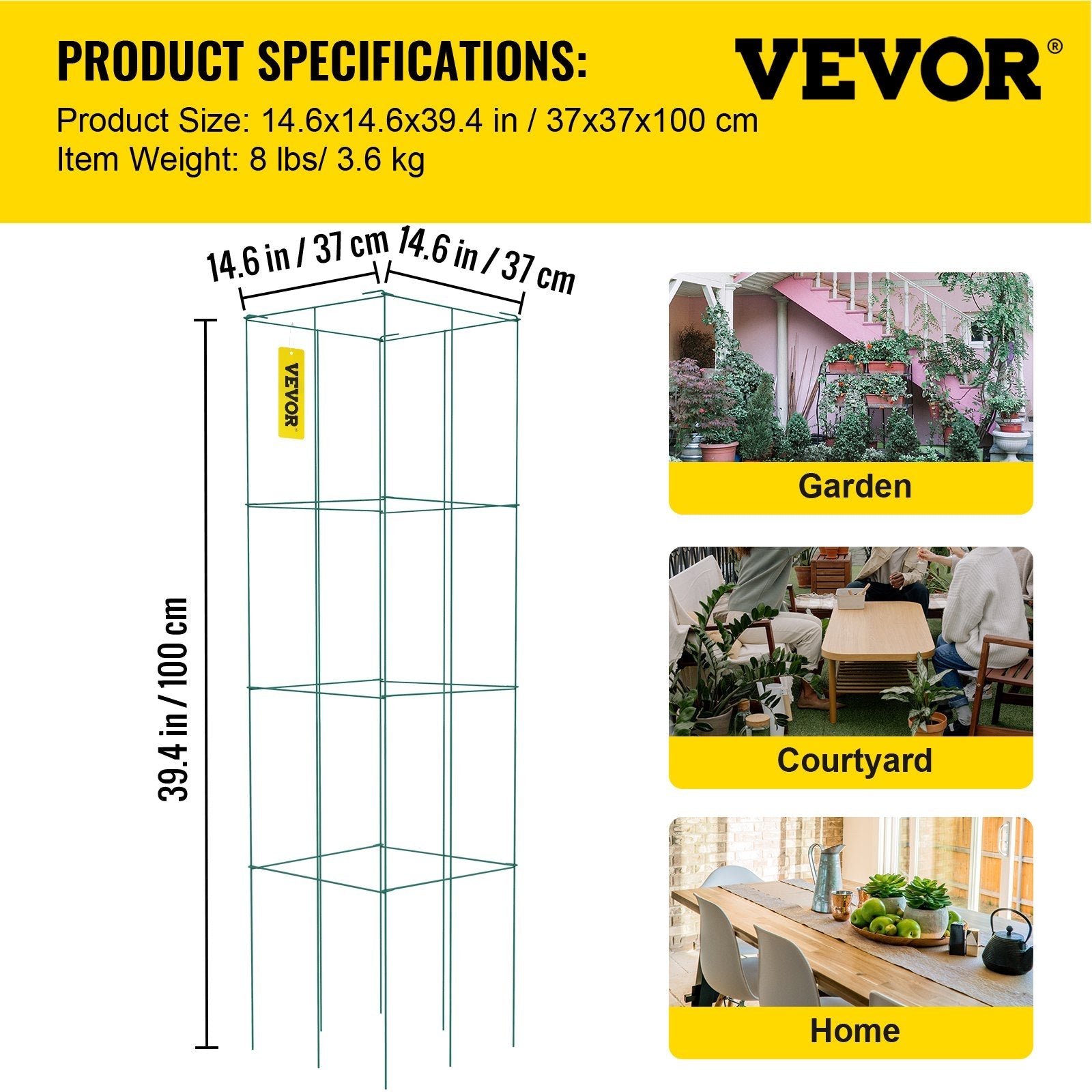 VEVOR Tomato Cages, 14.6" x 14.6" x 39.4", 6 Packs Square Plant Support Cages, Green PVC-coated Steel Tomato Towers for Climbing Vegetables, Plants, Flowers, Fruits