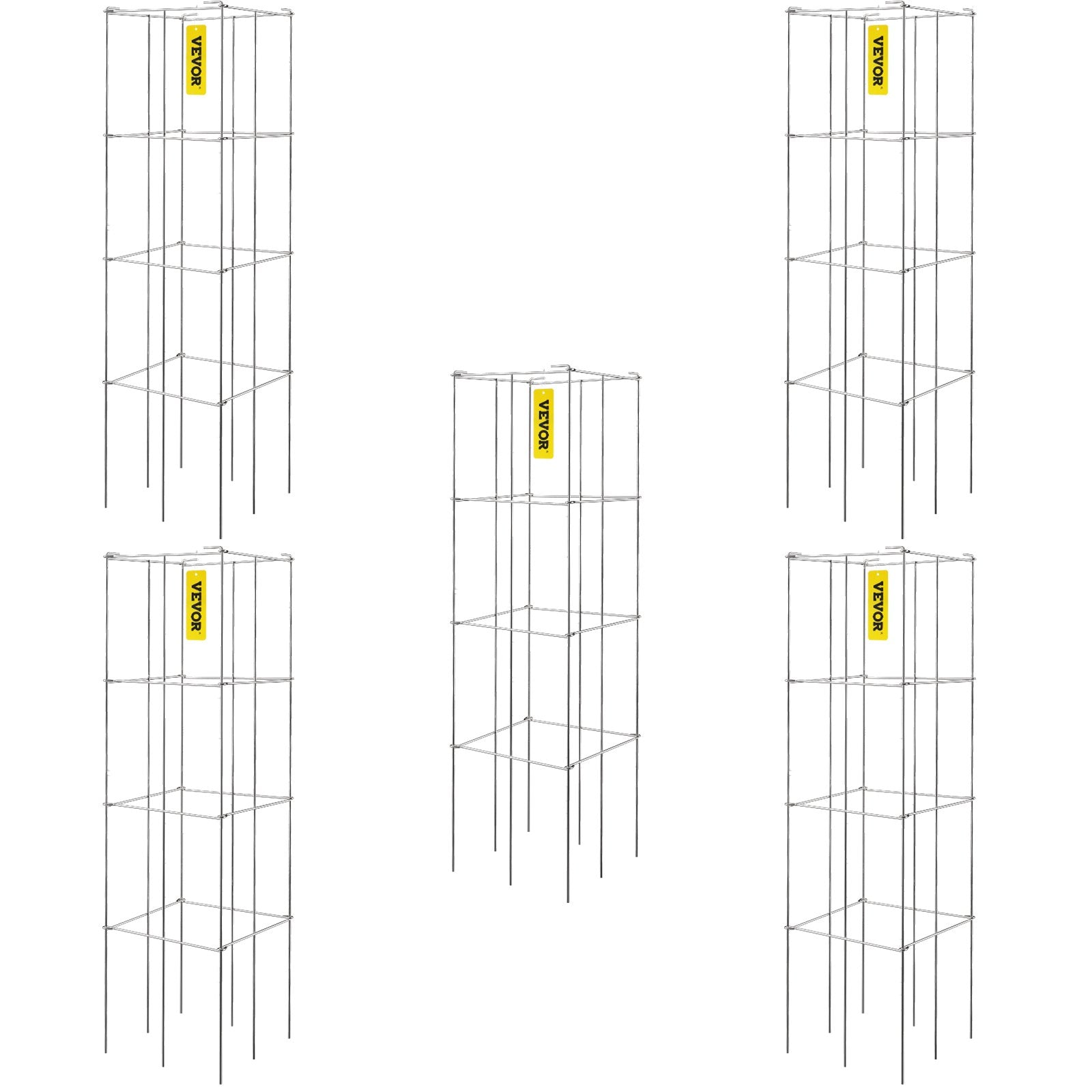 VEVOR Tomato Cages, 11.8" x 11.8" x 46.1", 5 Packs Square Plant Support Cages, Silver PVC-coated Steel Tomato Towers for Climbing Vegetables, Plants, Flowers, Fruits