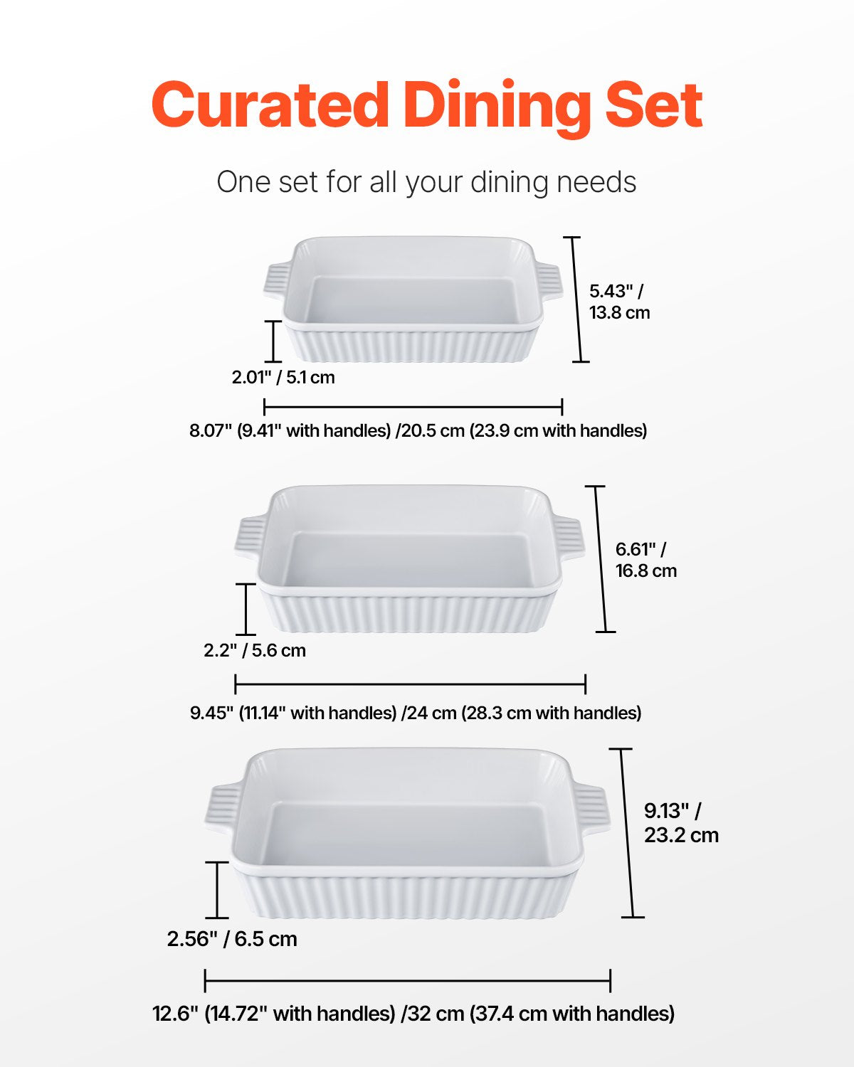 VEVOR Ceramic Baking Dish 3 Pieces Rectangular Bakeware Set Deep for Baking