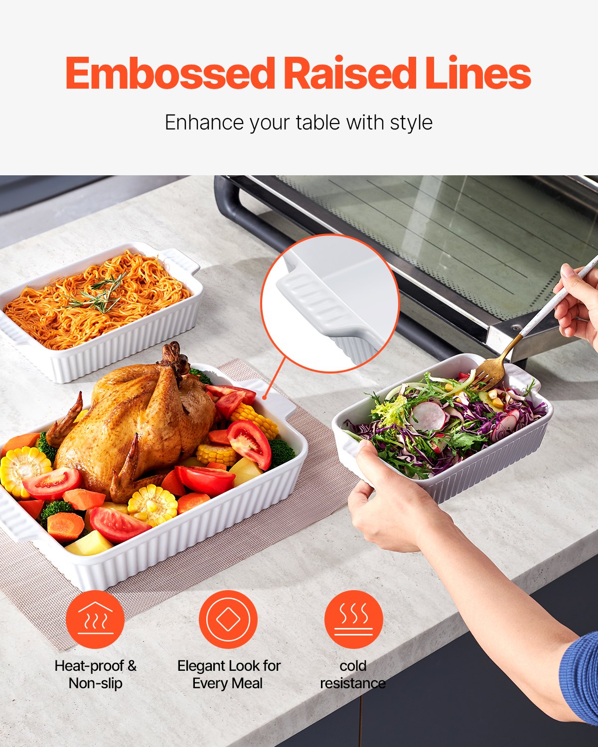 VEVOR Ceramic Baking Dish 3 Pieces Rectangular Bakeware Set Deep for Baking