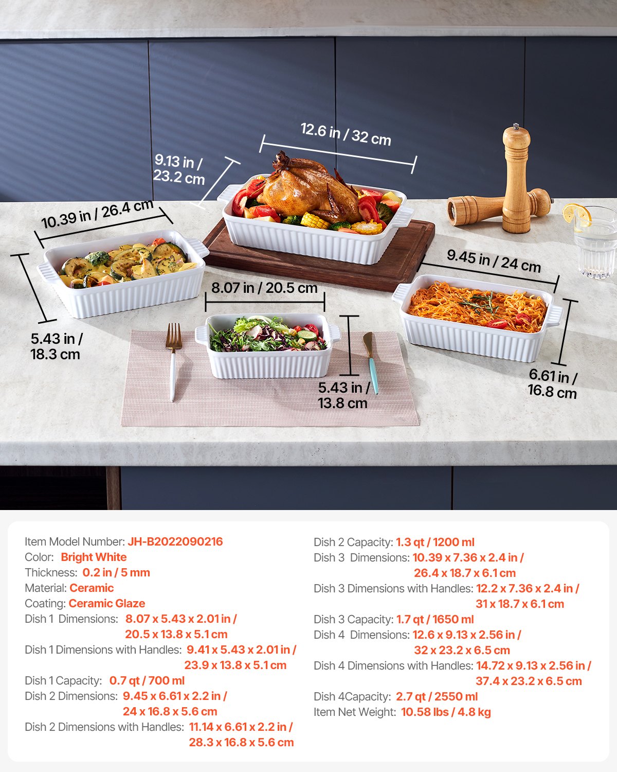 VEVOR Ceramic Baking Dish 4 Pieces Rectangular Bakeware Set Deep for Baking