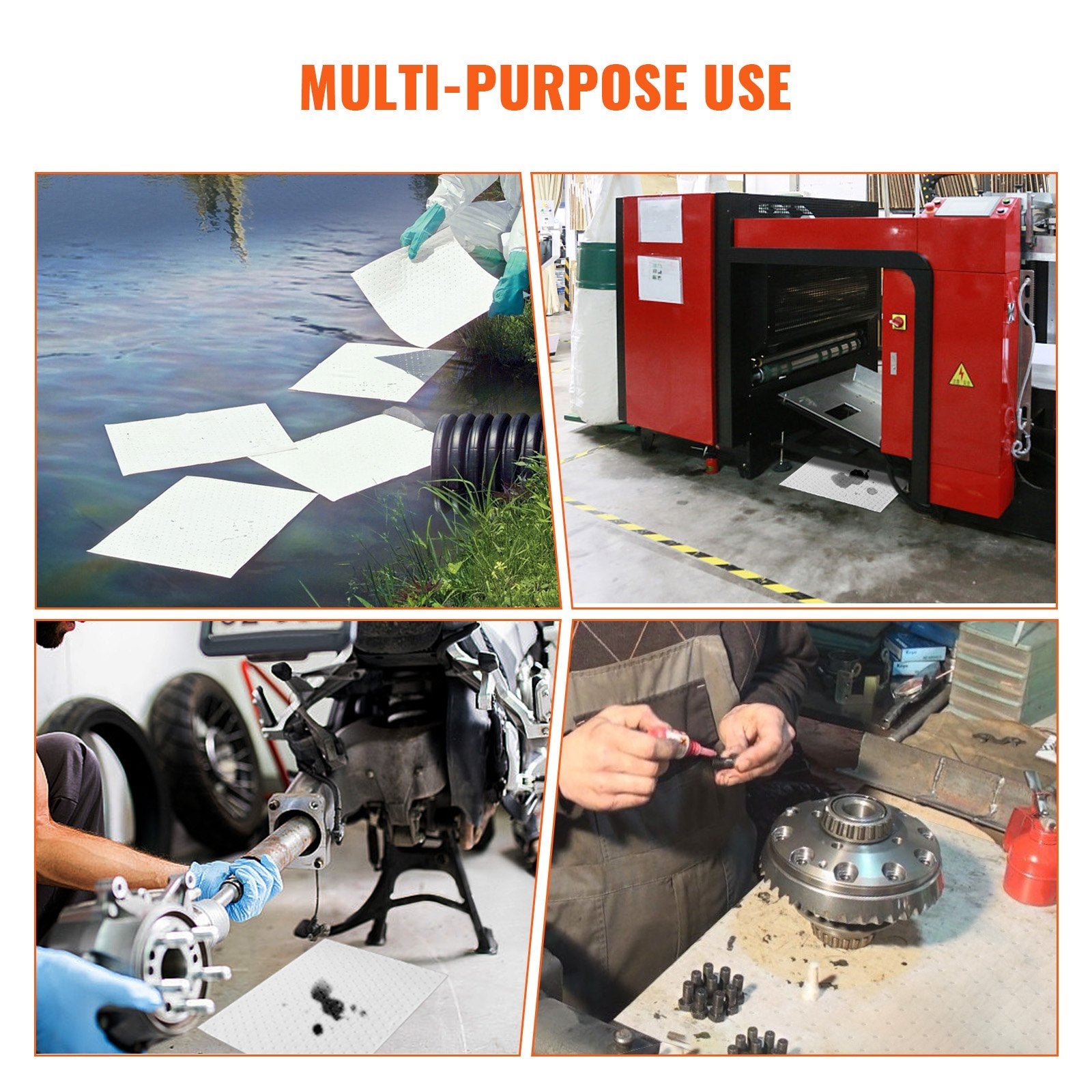 VEVOR Spill Absorbent Pads, Oil Absorbing Mat Absorbs up 20 Gal, 15" L x20" W Polypropylene Absorbent Pad for Oil Only, Oil Spill Mats Pack of 100