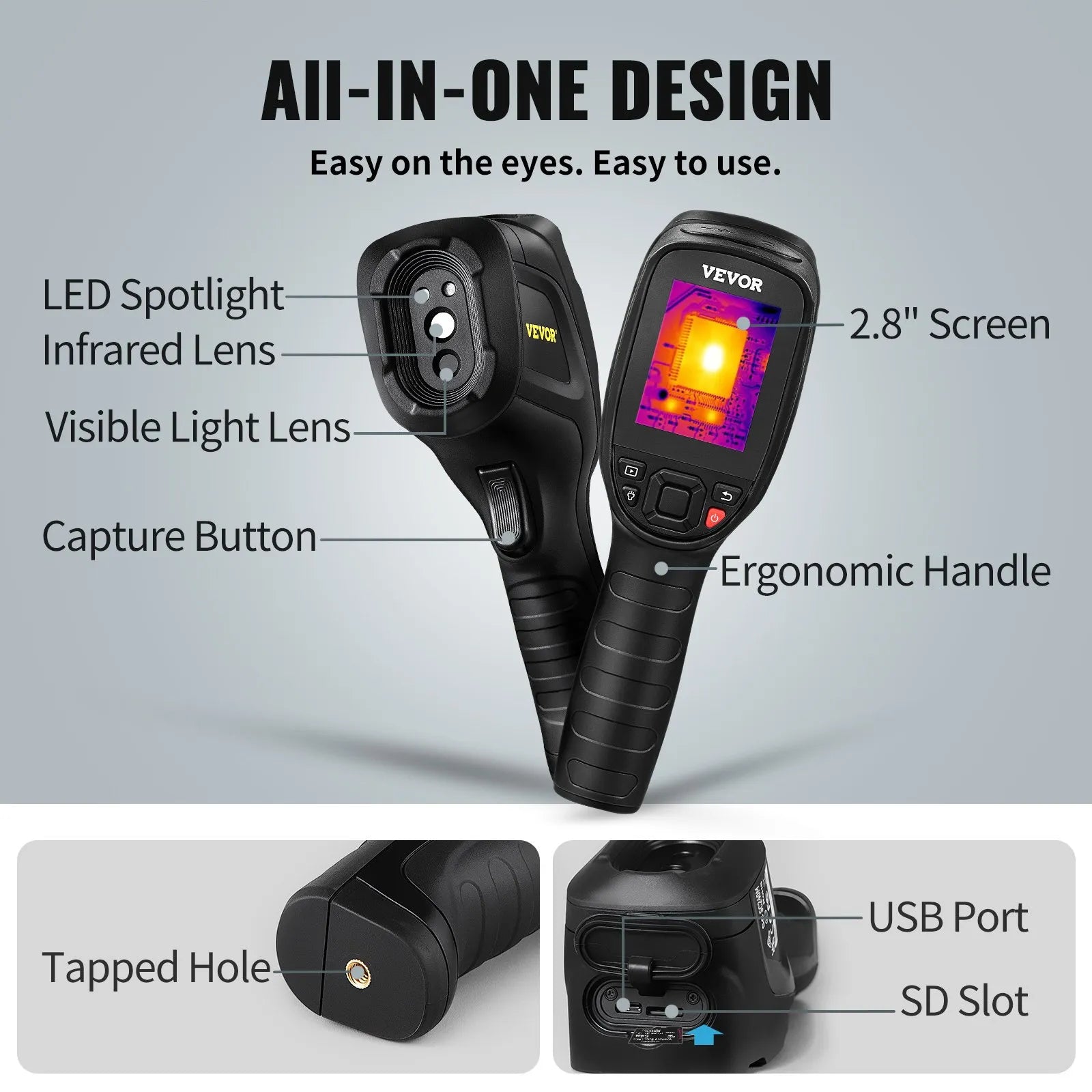 VEVOR Thermal Imaging Camera, 320 x 240 Pixels Super Resolution with 2MP Visual Camera, 25Hz Refresh Rate Infrared Camera with -4℉~1022℉ Temp, 64G SD Card and Rechargeable Li-ion Battery