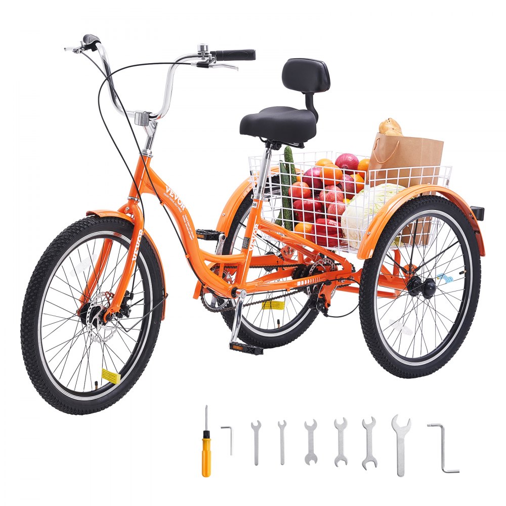 VEVOR Adult Tricycles Bike, 26 Inch Three-Wheeled Bicycles, 3 Wheel Bikes Trikes, Aluminum Alloy Cruiser Bike with Basket & Adjustable Seat, Picnic Shopping Tricycles for Seniors, Women, Men (Orange)