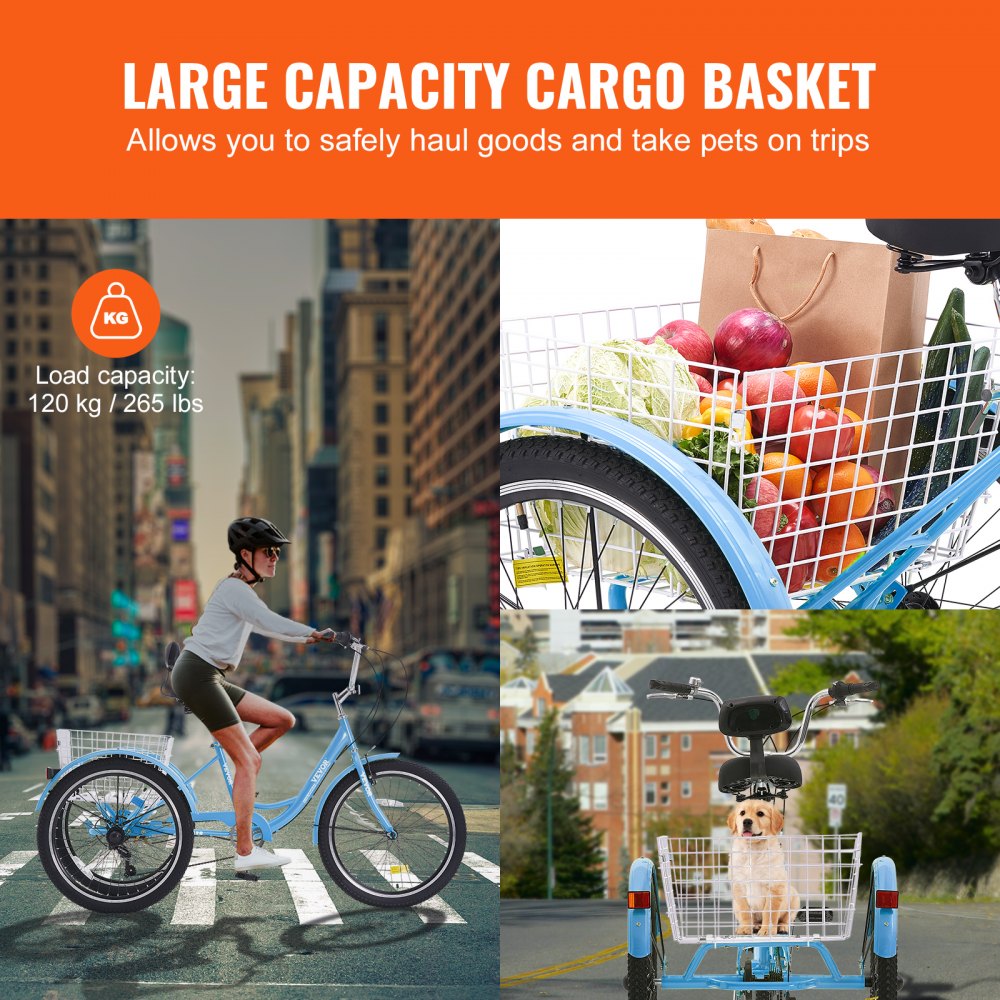 VEVOR Adult Tricycles Bike, 7 Speed Adult Trikes, 20 Inch Three-Wheeled Bicycles, Carbon Steel Cruiser Bike with Basket and Adjustable Seat, Picnic Shopping Tricycles for Seniors, Women, Men (Blue)