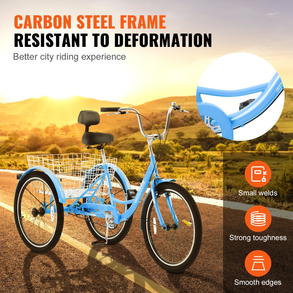 VEVOR Adult Tricycles Bike, 24 Inch Three-Wheeled Bicycles, 3 Wheel Bikes Trikes, Carbon Steel Cruiser Bike with Basket & Adjustable Seat, Picnic Shopping Tricycles for Seniors, Women, Men (Blue)