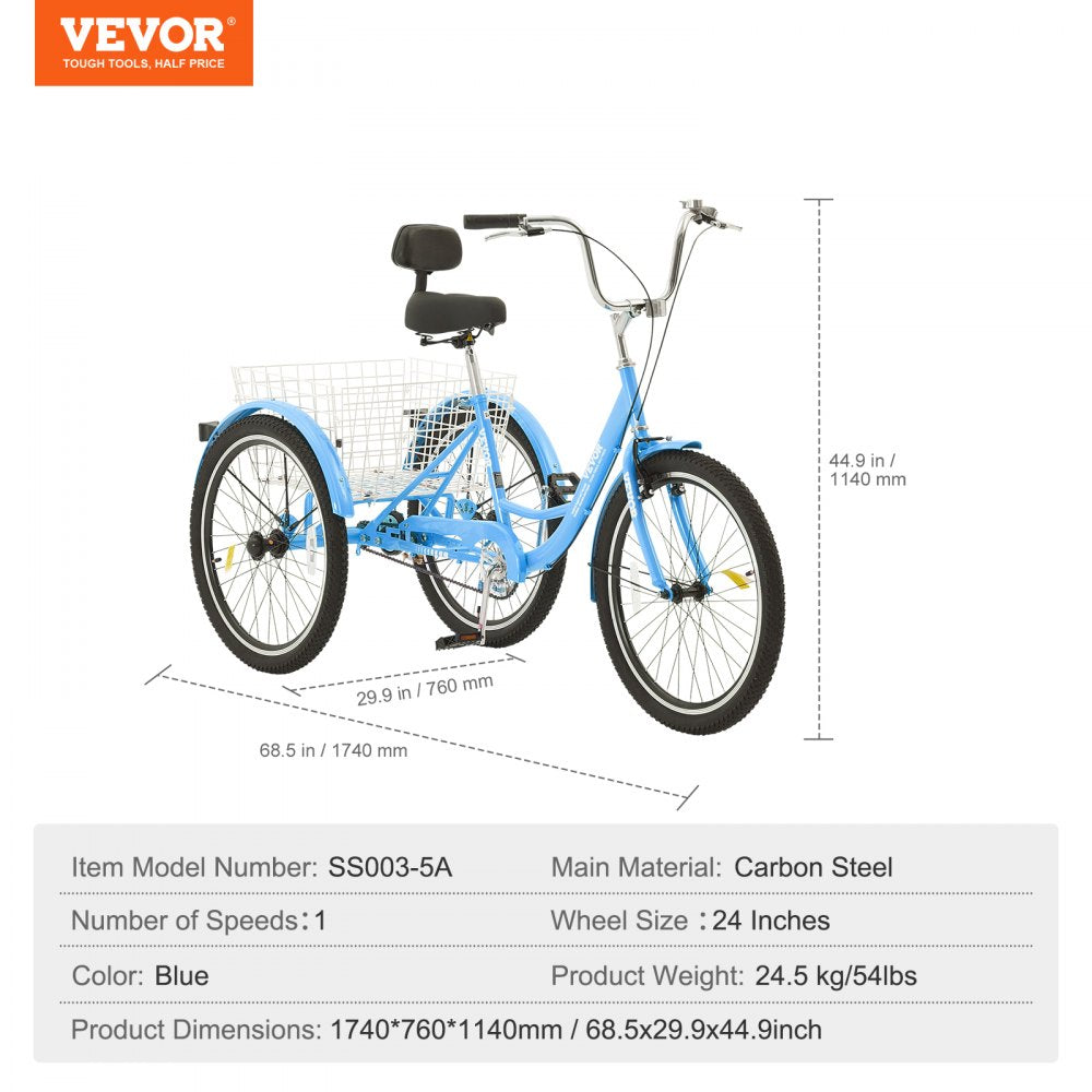 VEVOR Adult Tricycles Bike, 24 Inch Three-Wheeled Bicycles, 3 Wheel Bikes Trikes, Carbon Steel Cruiser Bike with Basket & Adjustable Seat, Picnic Shopping Tricycles for Seniors, Women, Men (Blue)