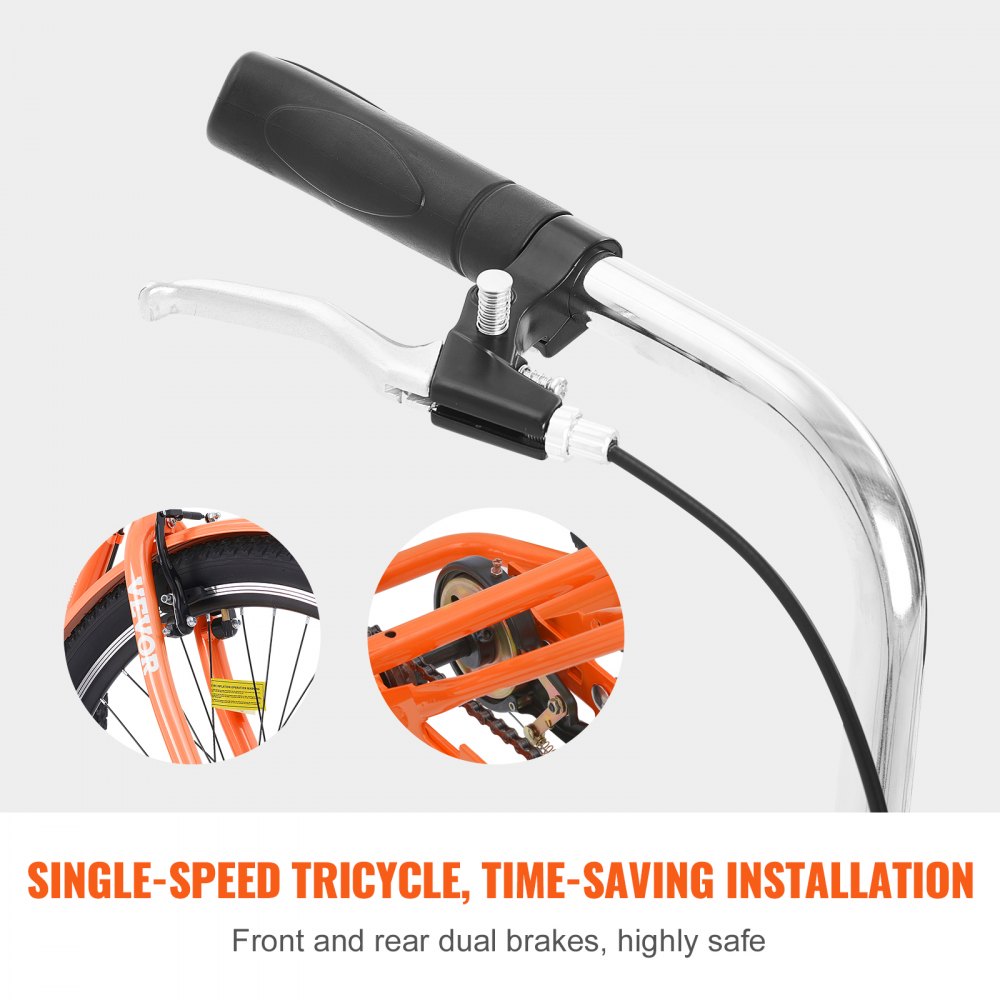 VEVOR Adult Tricycles Bike, 26 Inch Three-Wheeled Bicycles, 3 Wheel Bikes Trikes, Carbon Steel Cruiser Bike with Basket & Adjustable Seat, Picnic Shopping Tricycles for Seniors, Women, Men (Orange)