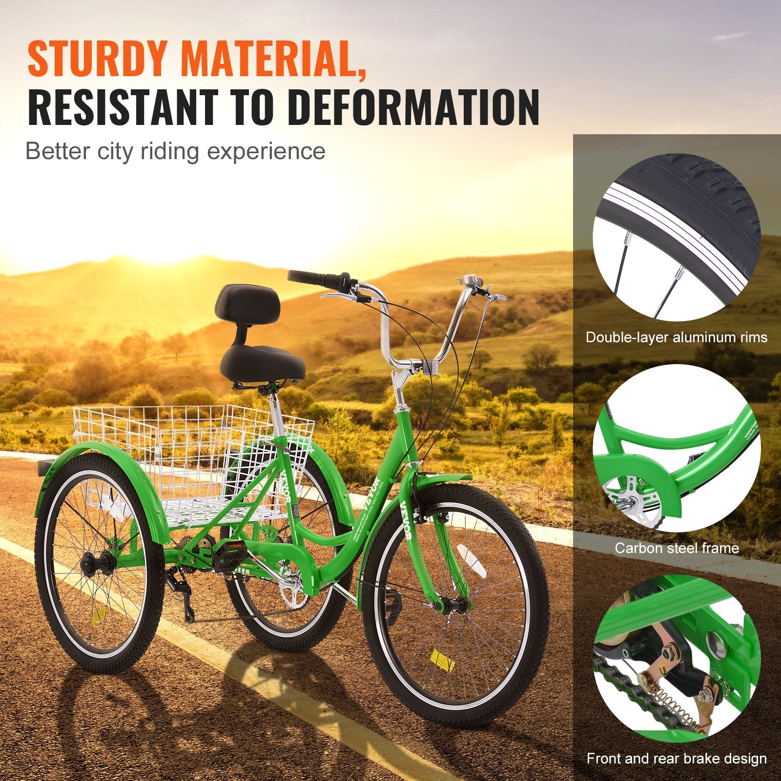 VEVOR Adult Tricycles Bike, 7 Speed Adult Trikes, 20 Inch Three-Wheeled Bicycles, Carbon Steel Cruiser Bike with Basket and Adjustable Seat, Picnic Shopping Tricycles for Seniors, Women, Men (Green)