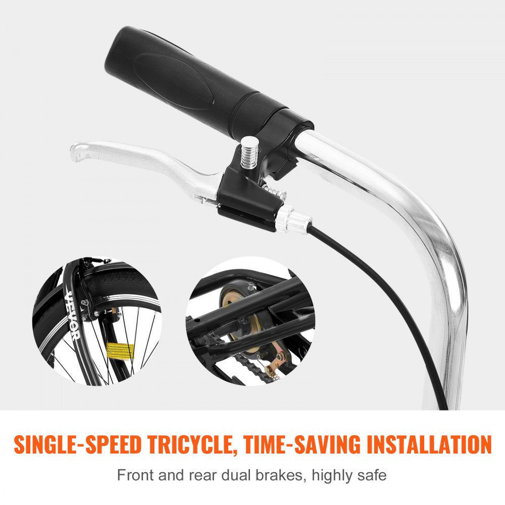 VEVOR Adult Tricycles Bike, 20 Inch Three-Wheeled Bicycles, 3 Wheel Bikes Trikes, Carbon Steel Cruiser Bike with Basket & Adjustable Seat, Picnic Shopping Tricycles for Seniors, Women, Men (Black)