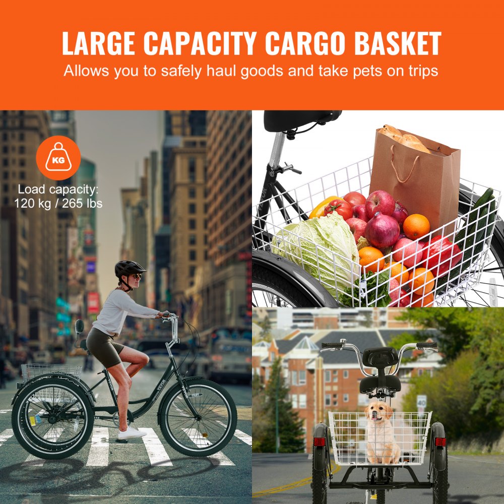 VEVOR Adult Tricycles Bike, 20 Inch Three-Wheeled Bicycles, 3 Wheel Bikes Trikes, Carbon Steel Cruiser Bike with Basket & Adjustable Seat, Picnic Shopping Tricycles for Seniors, Women, Men (Black)