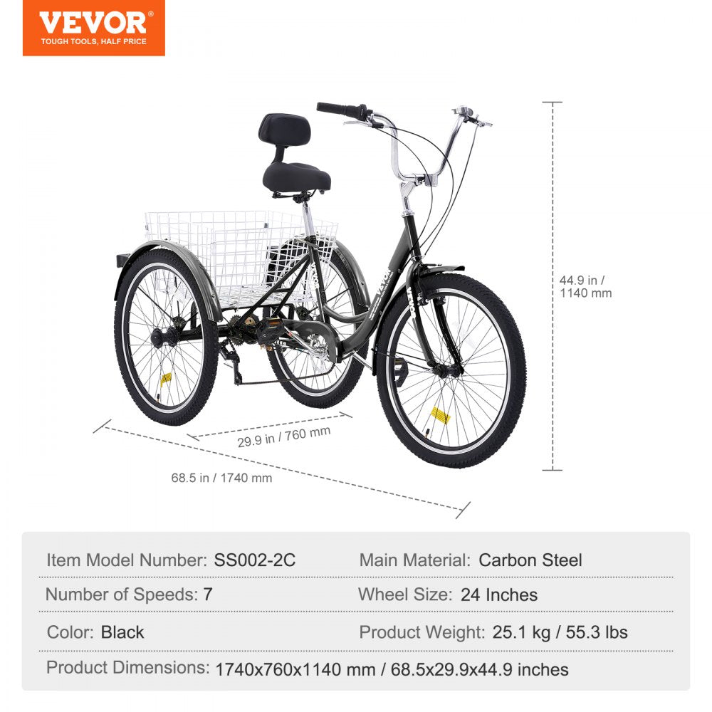 VEVOR Adult Tricycles Bike, 7 Speed Adult Trikes, 24 Inch Three-Wheeled Bicycles, Carbon Steel Cruiser Bike with Basket and Adjustable Seat, Picnic Shopping Tricycles for Seniors, Women, Men (Black)