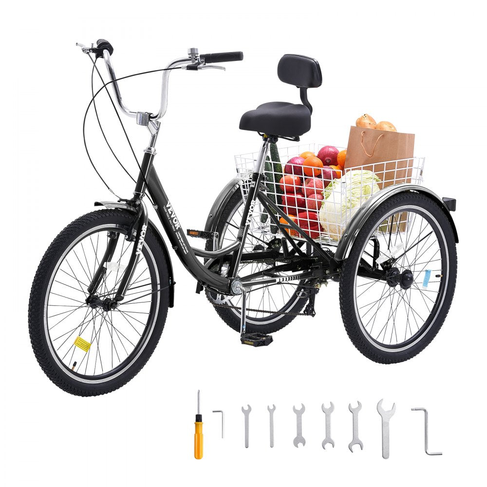 VEVOR Adult Tricycles Bike, 7 Speed Adult Trikes, 24 Inch Three-Wheeled Bicycles, Carbon Steel Cruiser Bike with Basket and Adjustable Seat, Picnic Shopping Tricycles for Seniors, Women, Men (Black)