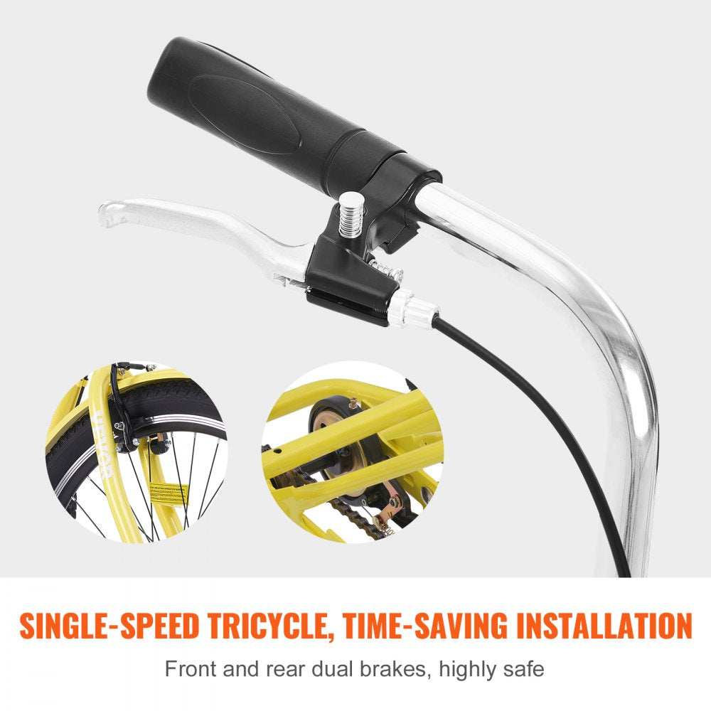 VEVOR Adult Tricycles Bike, 24 Inch Three-Wheeled Bicycles, 3 Wheel Bikes Trikes, Carbon Steel Cruiser Bike with Basket & Adjustable Seat, Picnic Shopping Tricycles for Seniors, Women, Men (Yellow)