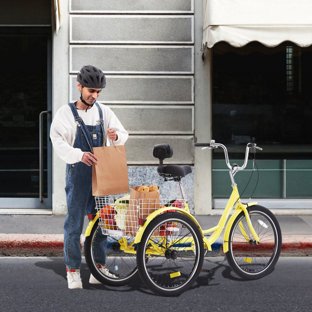 VEVOR Adult Tricycles Bike, 24 Inch Three-Wheeled Bicycles, 3 Wheel Bikes Trikes, Carbon Steel Cruiser Bike with Basket & Adjustable Seat, Picnic Shopping Tricycles for Seniors, Women, Men (Yellow)