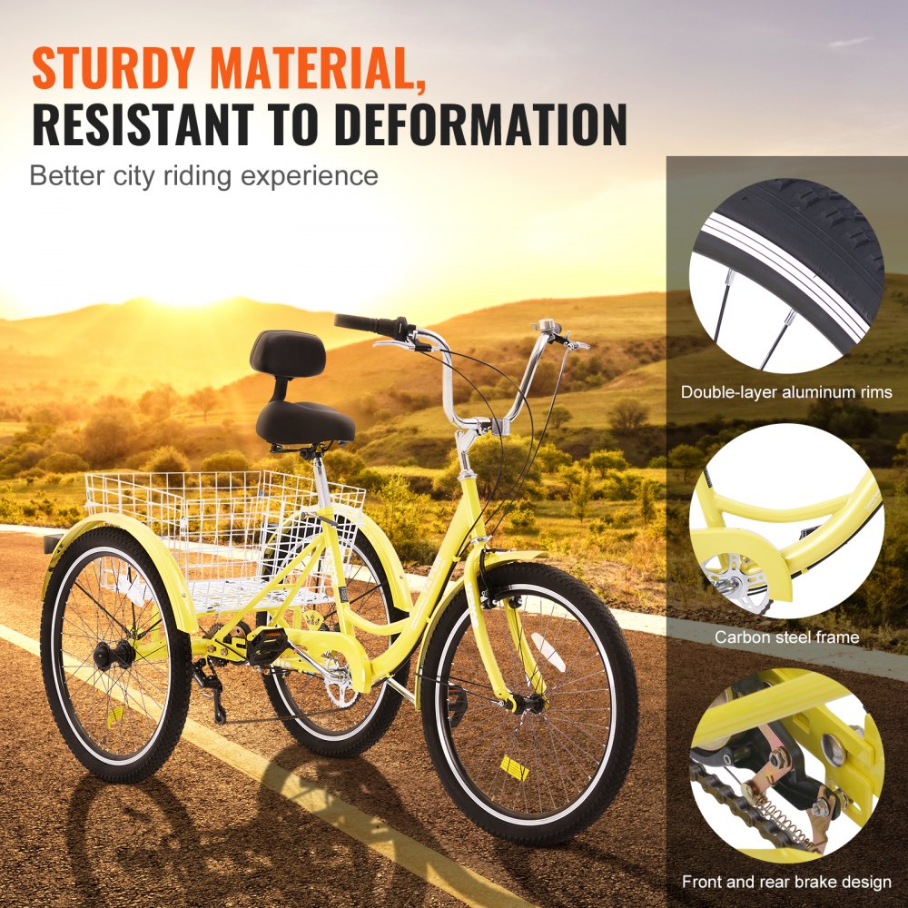 VEVOR Adult Tricycles Bike, 7 Speed Adult Trikes, 24 Inch Three-Wheeled Bicycles, Carbon Steel Cruiser Bike with Basket and Adjustable Seat, Picnic Shopping Tricycles for Seniors, Women, Men (Yellow)