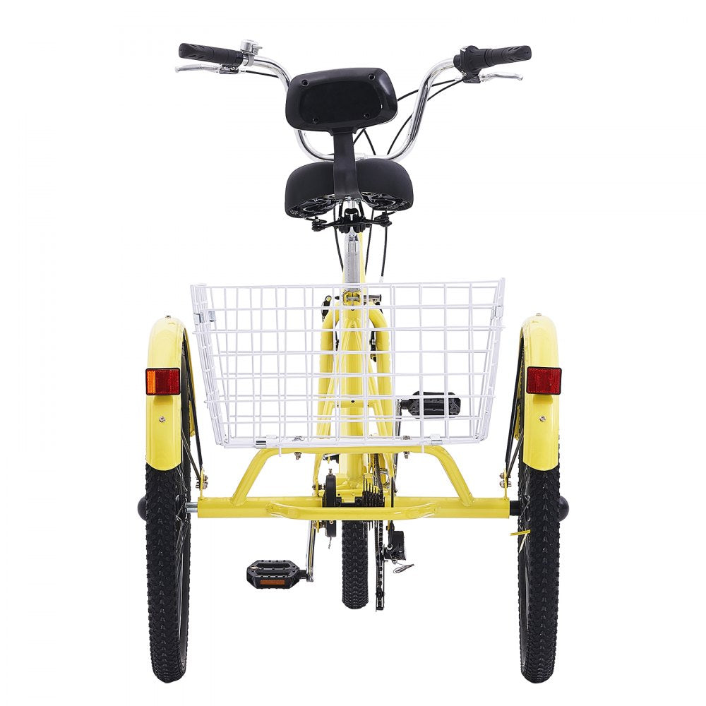 VEVOR Adult Tricycles Bike, 7 Speed Adult Trikes, 24 Inch Three-Wheeled Bicycles, Carbon Steel Cruiser Bike with Basket and Adjustable Seat, Picnic Shopping Tricycles for Seniors, Women, Men (Yellow)