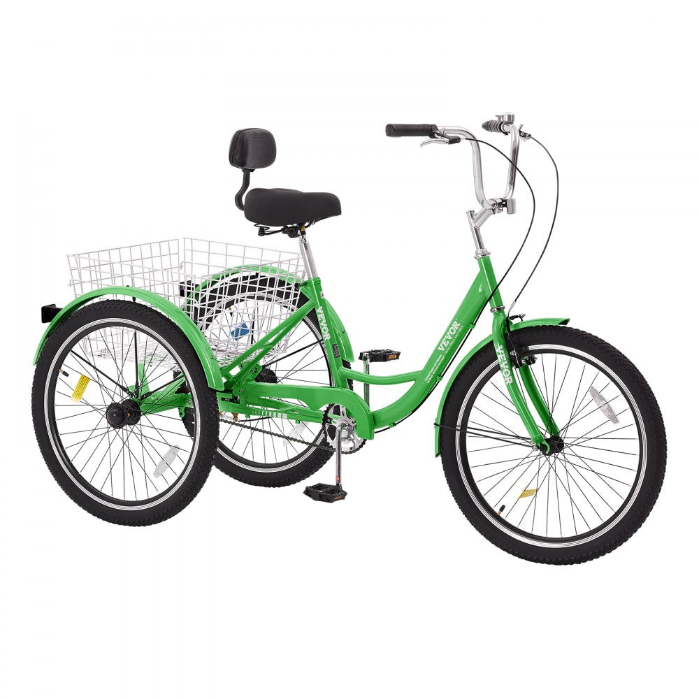 VEVOR Adult Tricycles Bike, 24 Inch Three-Wheeled Bicycles, 3 Wheel Bikes Trikes, Carbon Steel Cruiser Bike with Basket & Adjustable Seat, Picnic Shopping Tricycles for Seniors, Women, Men (Green)