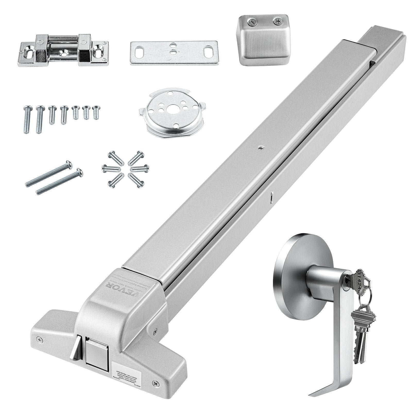 VEVOR Push Bar Door Locks, Carbon Steel Panic Bars for Exit Doors, with Exterior Lever and 3 Keys, Push Bar Panic Exit Device Door Hardware for Metal Wood Door, for Left and Right Handed Doors