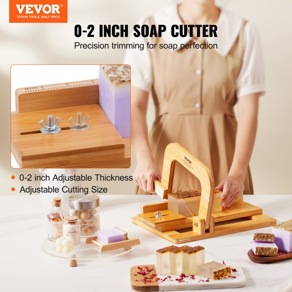 VEVOR Soap Cutter, 0-2 inch Adjustable Thickness, Bamboo Soap Slicer With Adjustable Stainless Steel Wire, Multi Handmade Soap Wire Cutter for Loaf, Candles, Cheese, Butter, DIY Making Cutting Tool