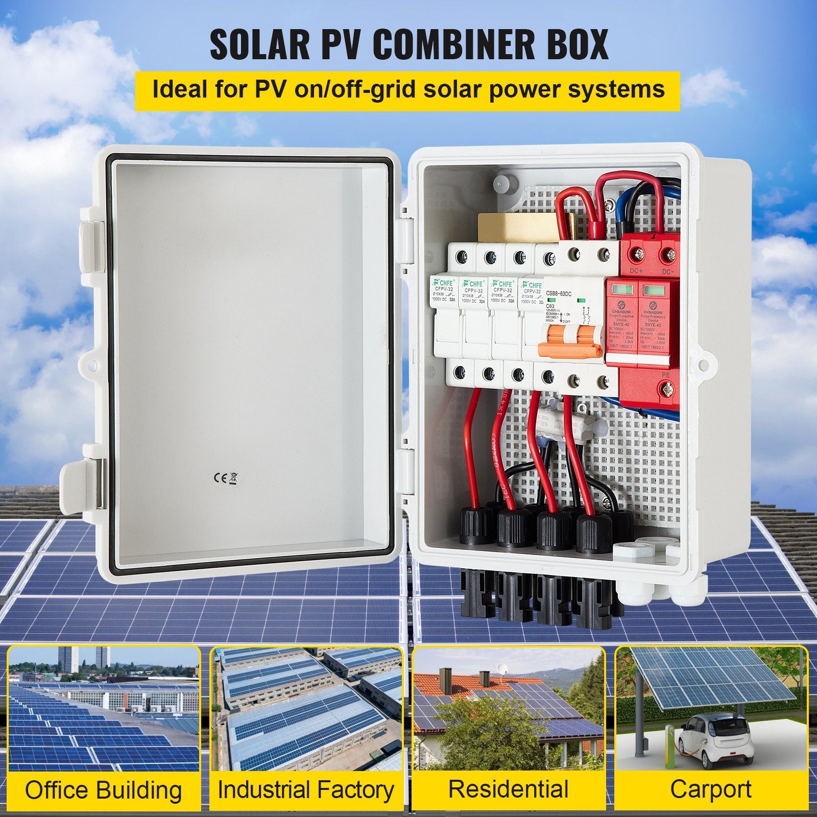 VEVOR PV Combiner Box, 4 String, Solar Combiner Box with 15A Rated Current Fuse, 63A Circuit Breaker, Lightning Arreste and Solar Connector, for On / Off Grid Solar Panel System, IP65 Waterproof