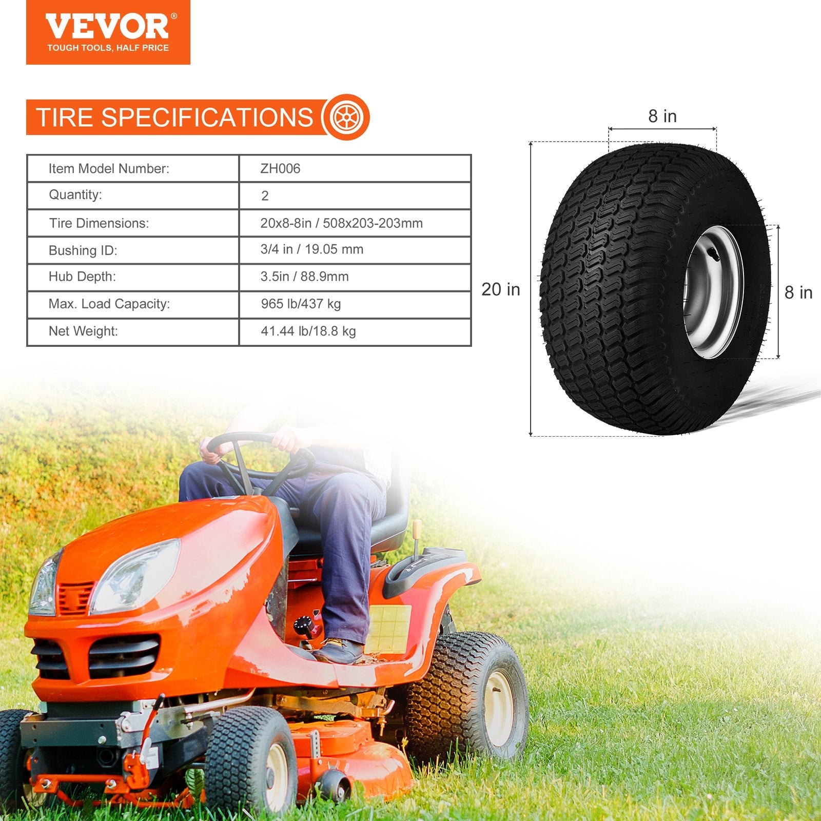 VEVOR Lawn Mower Tires with Rim, 20x8-8" Tubeless Tractor Tires, 2-Pack Tire, S-Turf Pneumatic Tires with 3.5" Offset Hub and 3/4" Bushing Size, for Riding Mowers Lawn Tractors