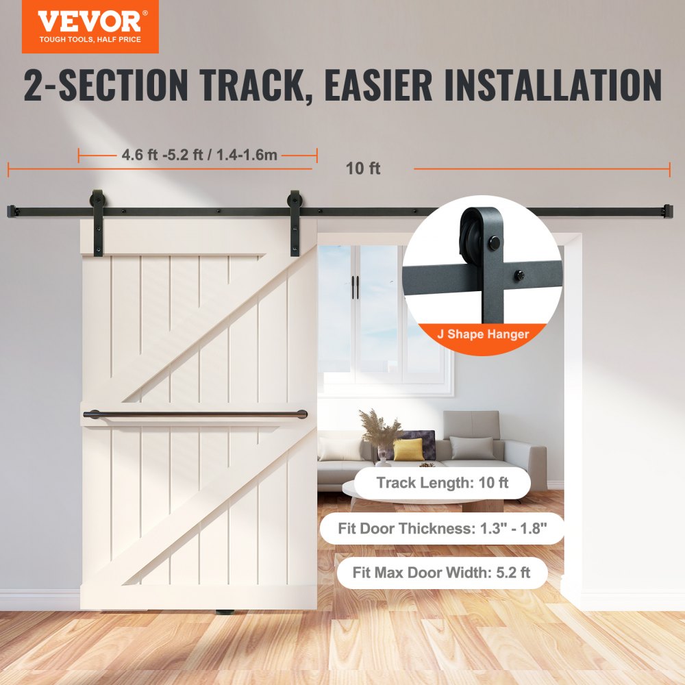 VEVOR 10FT Sliding Barn Door Hardware Kit, 330LBS Loading Heavy Duty Barn Door Track Kit for Single Door, Fit 4.6-5.2FT Wide and 1.3"-1.8" Thick Door Panel, with Smooth & Silent Pulley (J Shape)