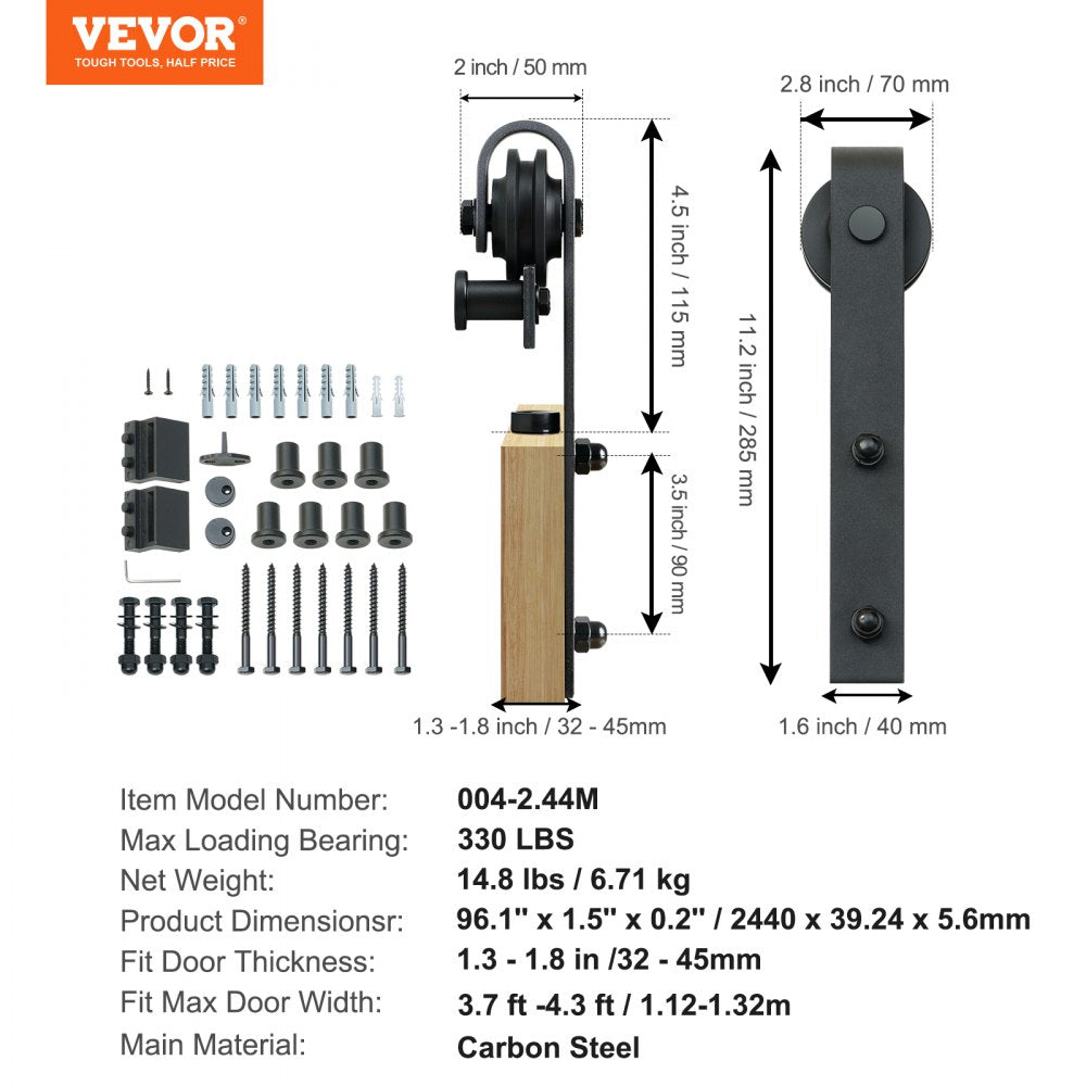 VEVOR 8FT Sliding Barn Door Hardware Kit, 330LBS Loading Heavy Duty Barn Door Track Kit for Single Door, Fit 3.7-4.3FT Wide and 1.3"-1.8" Thick Door Panel, with Smooth & Silent Pulley (J Shape)
