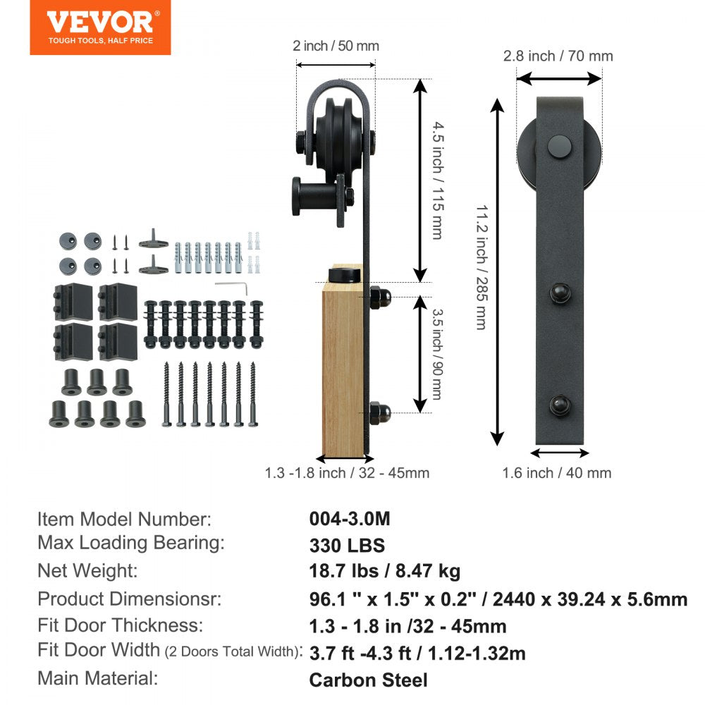 VEVOR 8FT Sliding Barn Door Hardware Kit, 330LBS Heavy Duty Barn Door Track Kit for Double Doors, Fit 3.7-4.3FT Total Wide and 1.3"-1.8" Thick 2 Door Panel, with Smooth & Silent Pulley (J Shape)