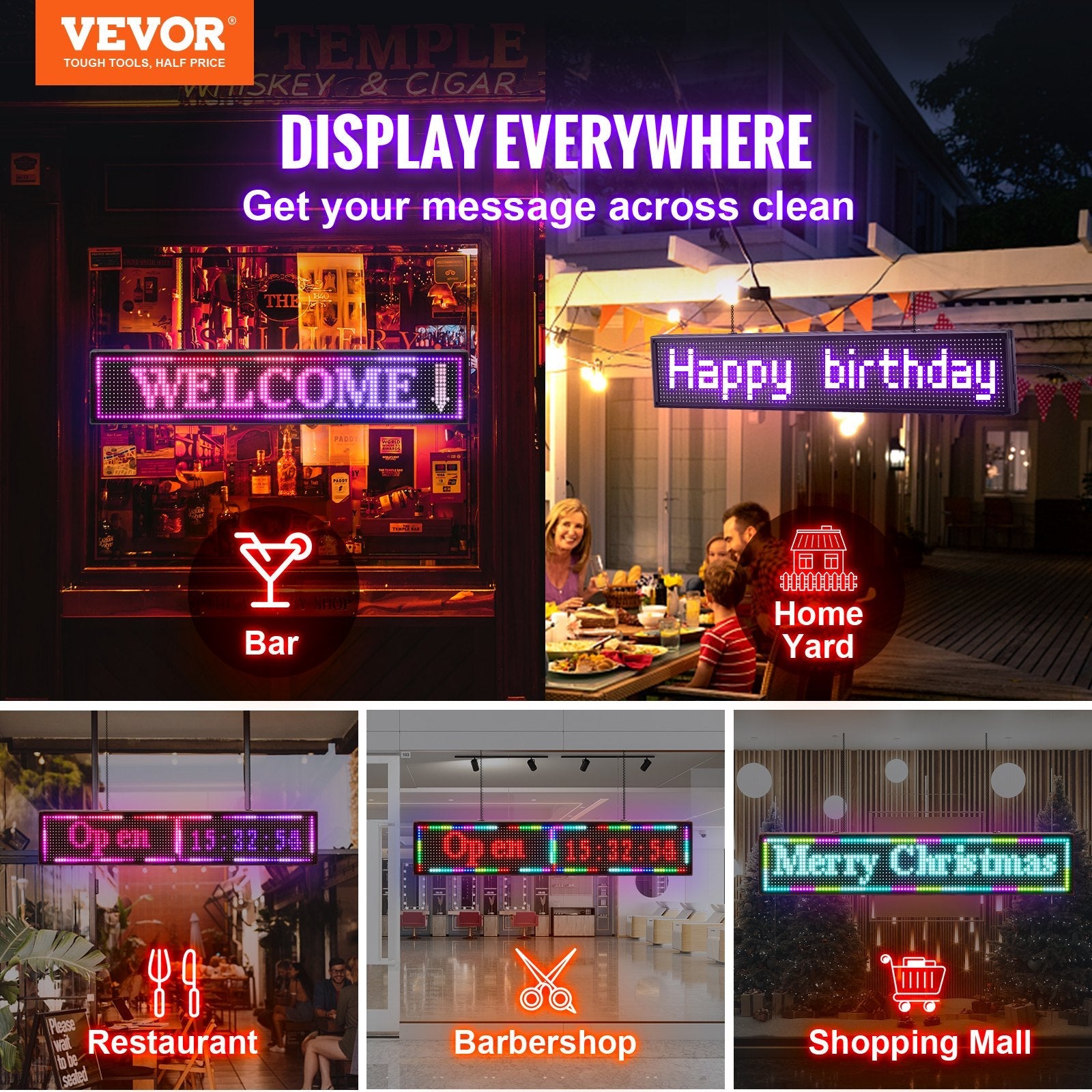 VEVOR Led Sign 40 x 8 inch Led Scrolling Sign Seven-color Digital Led Open Sign Outdoor Wifi High Resolution Bright Electronic Message Display Board with SMD Technology For Advertising and Business