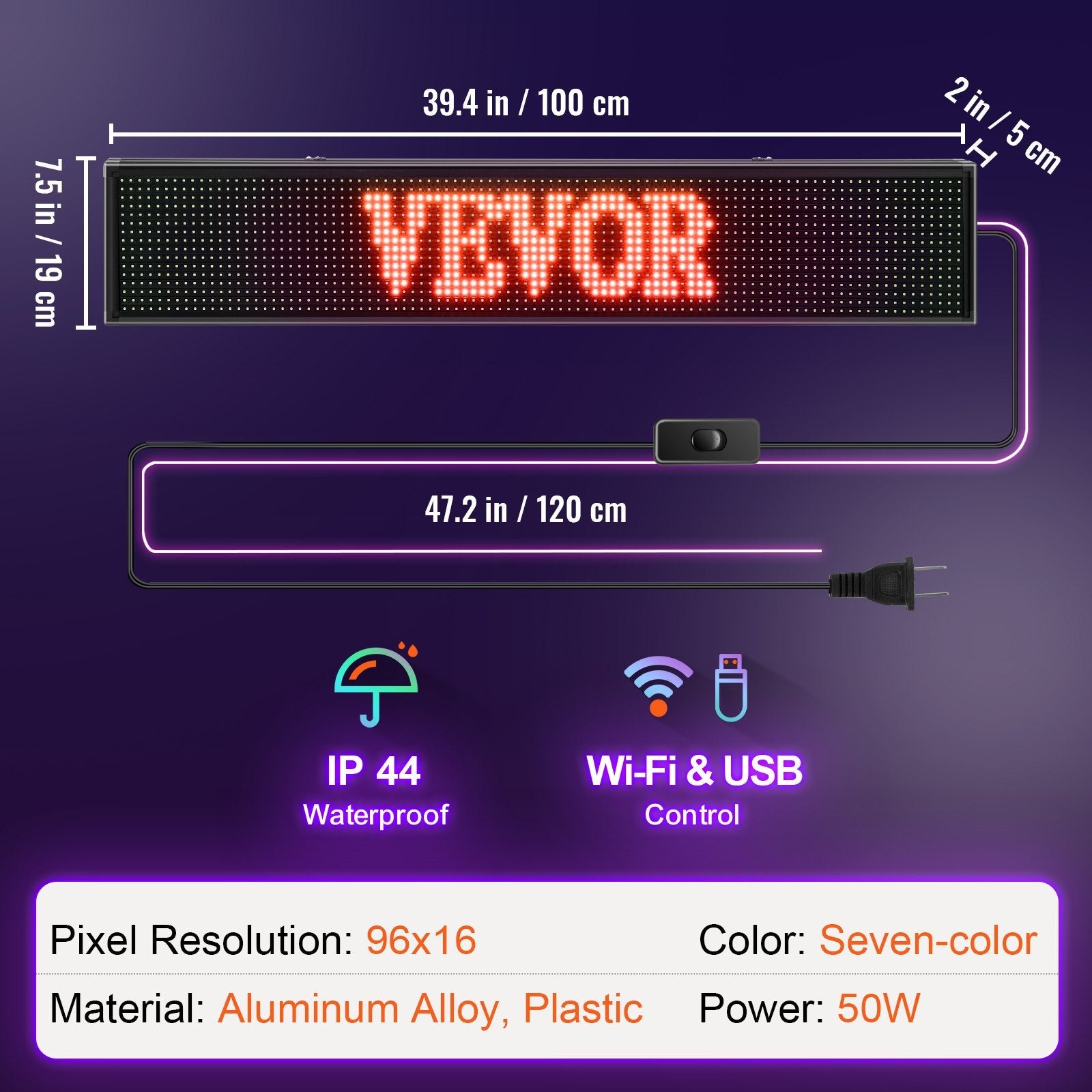 VEVOR Led Sign 40 x 8 inch Led Scrolling Sign Seven-color Digital Led Open Sign Outdoor Wifi High Resolution Bright Electronic Message Display Board with SMD Technology For Advertising and Business