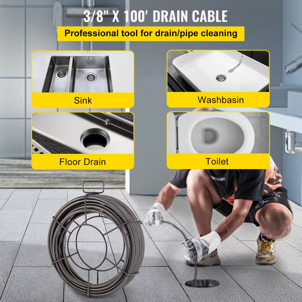 VEVOR Drain Cleaning Cable 100 Feet x 3/8 Inch Solid Core Cable Sewer Cable Drain Auger Cable Cleaner Snake Clog Pipe Drain Cleaning Cable Sewer Drain Auger Snake Pipe