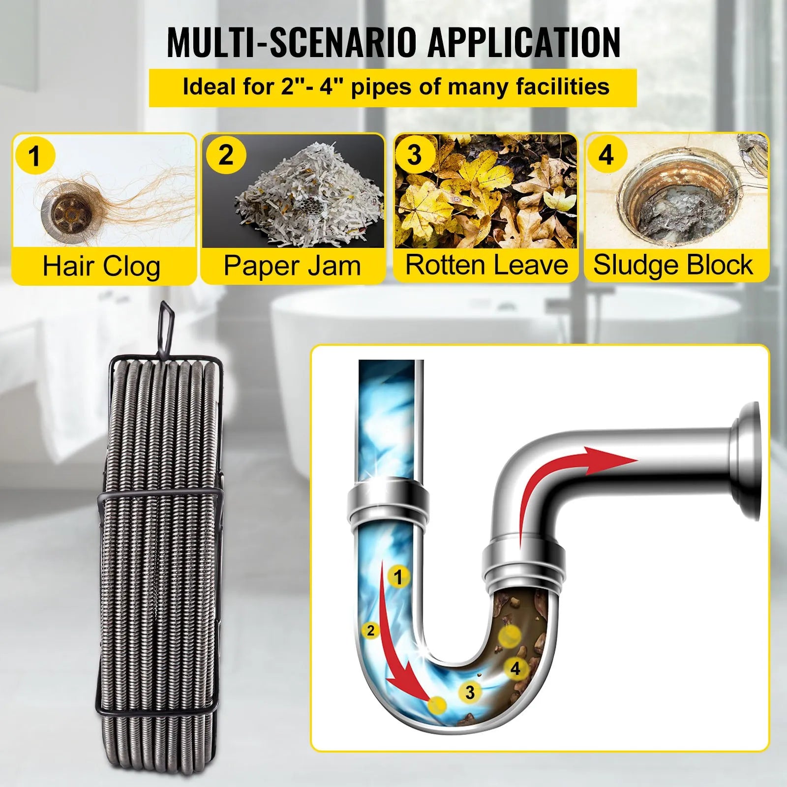 VEVOR Drain Cleaning Cable 50 Feet x 3/8 Inch Solid Core Cable Sewer Cable Drain Auger Cable Cleaner Snake Clog Pipe Drain Cleaning Cable Sewer Drain Auger Snake Pipe