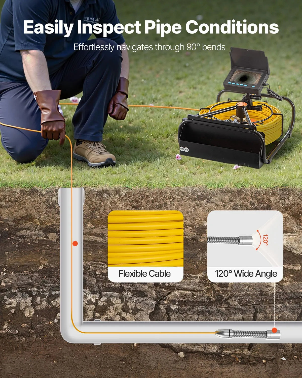 VEVOR Sewer Camera 98.4 FT Cable Pipeline Inspection Camera 4.3 Inch TFT LCD Monitor Pipe Camera Screen Waterproof IP68 Duct Inspection Camera with 6PCS LEDs 8500MAH Lithium Battery, DVR Function, 30M