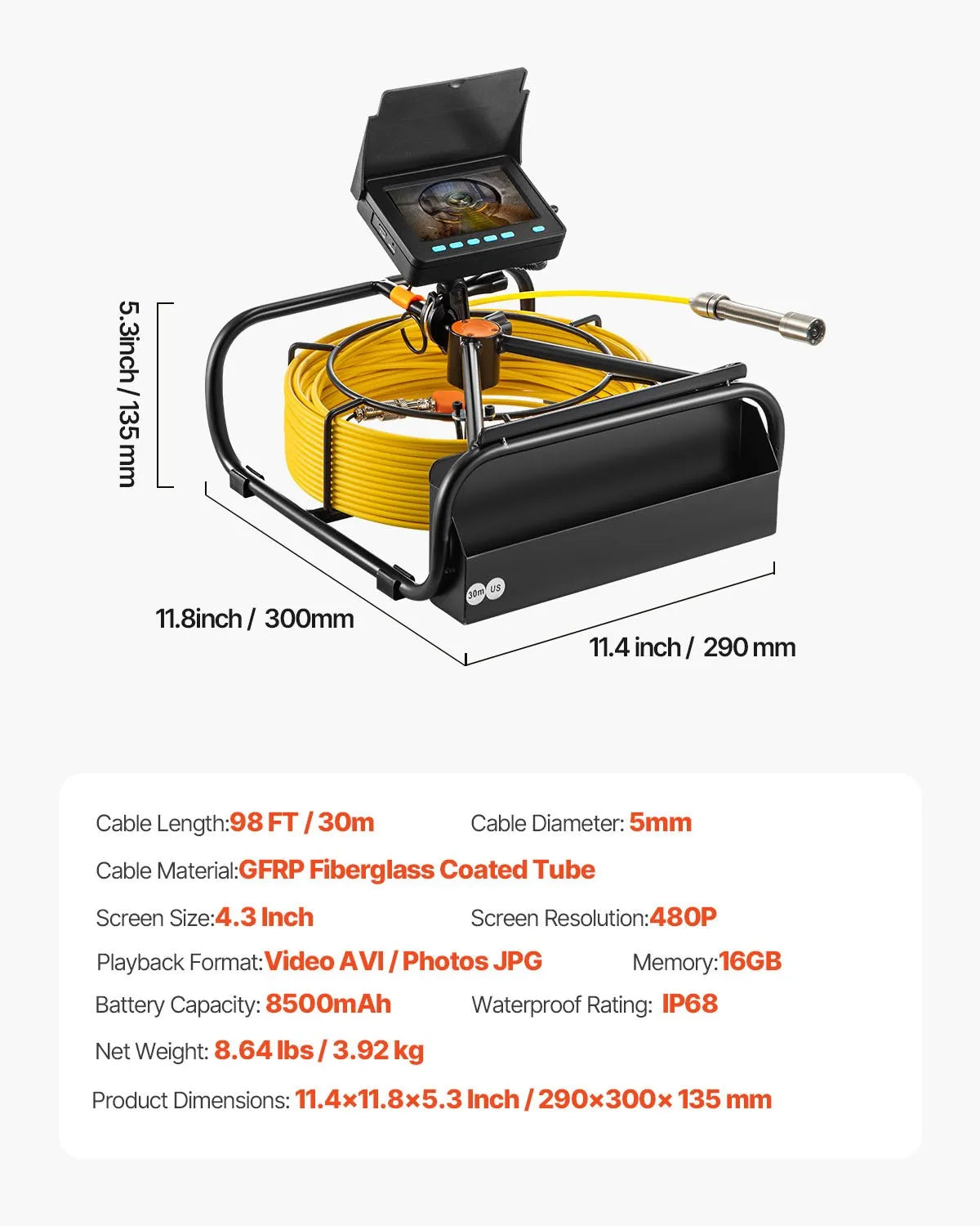 VEVOR Sewer Camera 98.4 FT Cable Pipeline Inspection Camera 4.3 Inch TFT LCD Monitor Pipe Camera Screen Waterproof IP68 Duct Inspection Camera with 6PCS LEDs 8500MAH Lithium Battery, DVR Function, 30M