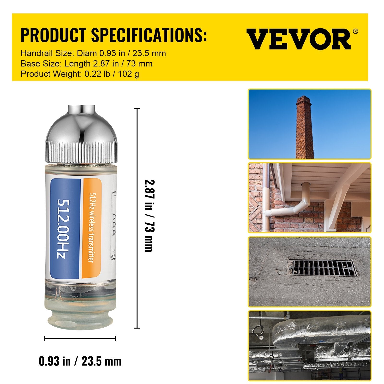 VEVOR Sonde Locator, 512 Hertz Frequency, Rigid Drain Locator with 8/5" and 1/4-20" Connectors for Locating & Detecting Small Sewer & Pipelines, Up to 25' Depth Water Line, Flashing for Transmitting