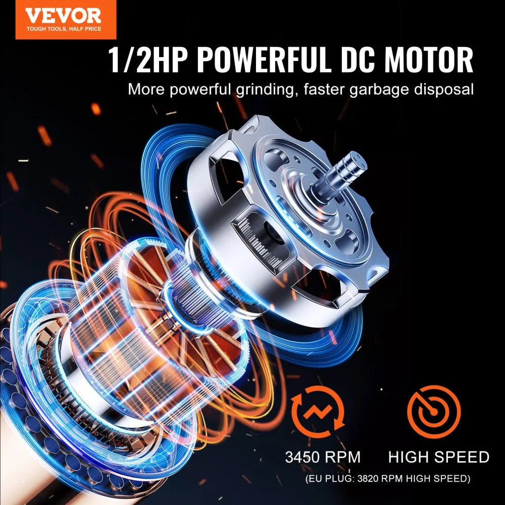 VEVOR Garbage Disposal 1/2 HP Continuous Food Waste Disposer 3450 RPM 3-Bolt