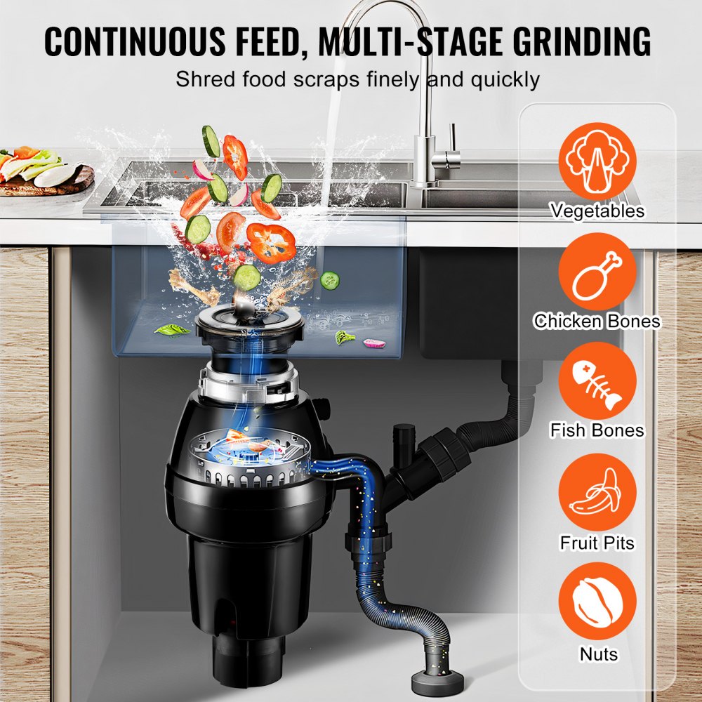 VEVOR Garbage Disposal 3/4 HP Continuous Food Waste Disposer 3250 RPM EZ Connect