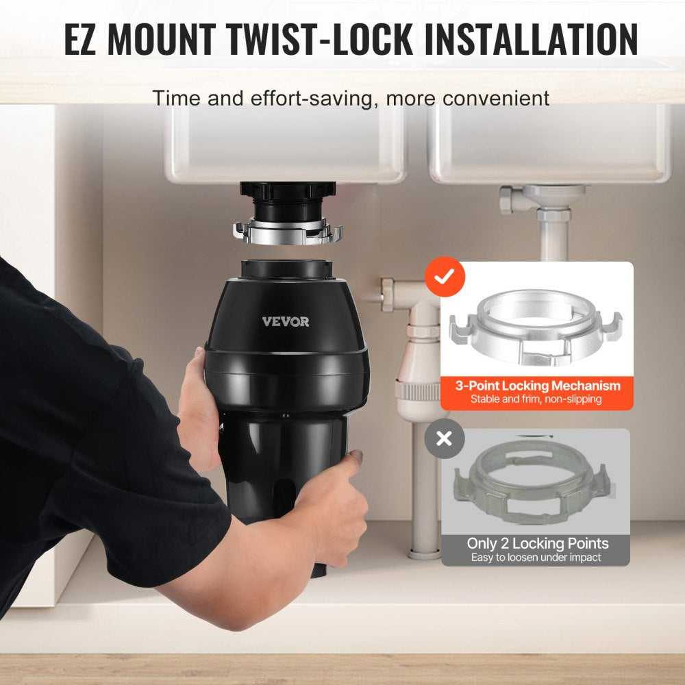 VEVOR Garbage Disposal 3/4 HP Continuous Food Waste Disposer 3250 RPM EZ Connect