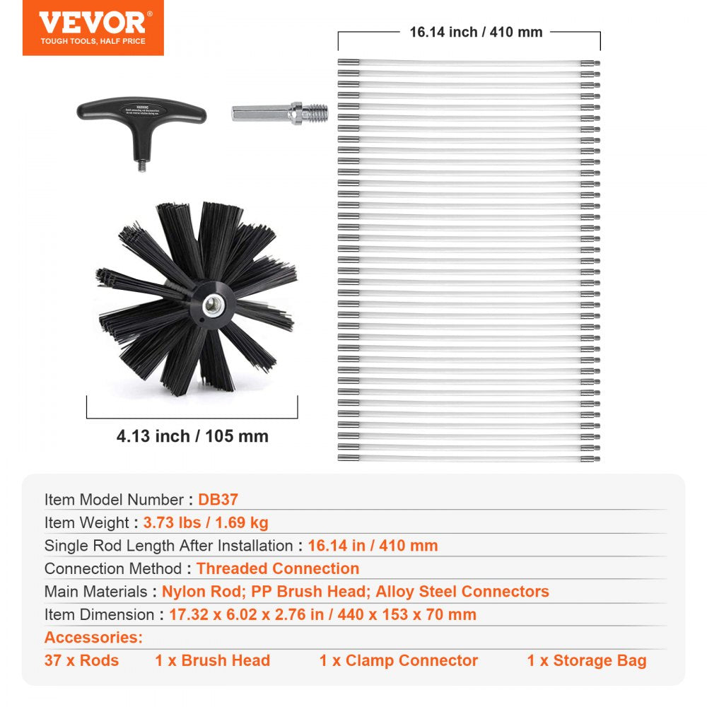 VEVOR 50 FEET Dryer Vent Cleaner Kit, 37 Pieces Duct Cleaning Brush, Reinforced Nylon Dryer Vent Brush, Dryer Cleaning Tools Lint Remover with Flexible Lint Trap Brush, Clamp Connectors