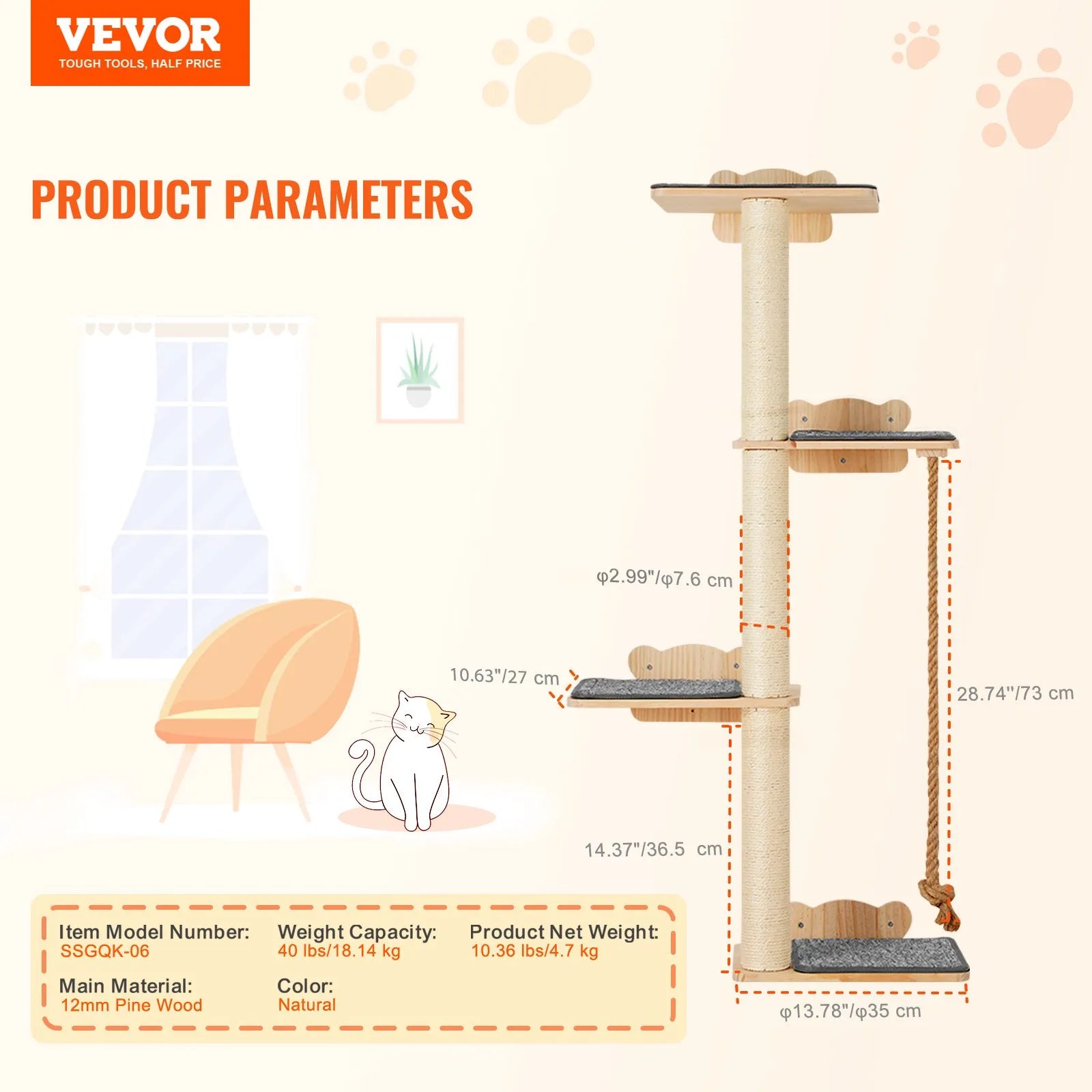 VEVOR Wall Mounted Cat Shelves Tree with Platform Tree-Shaped Cat Furniture