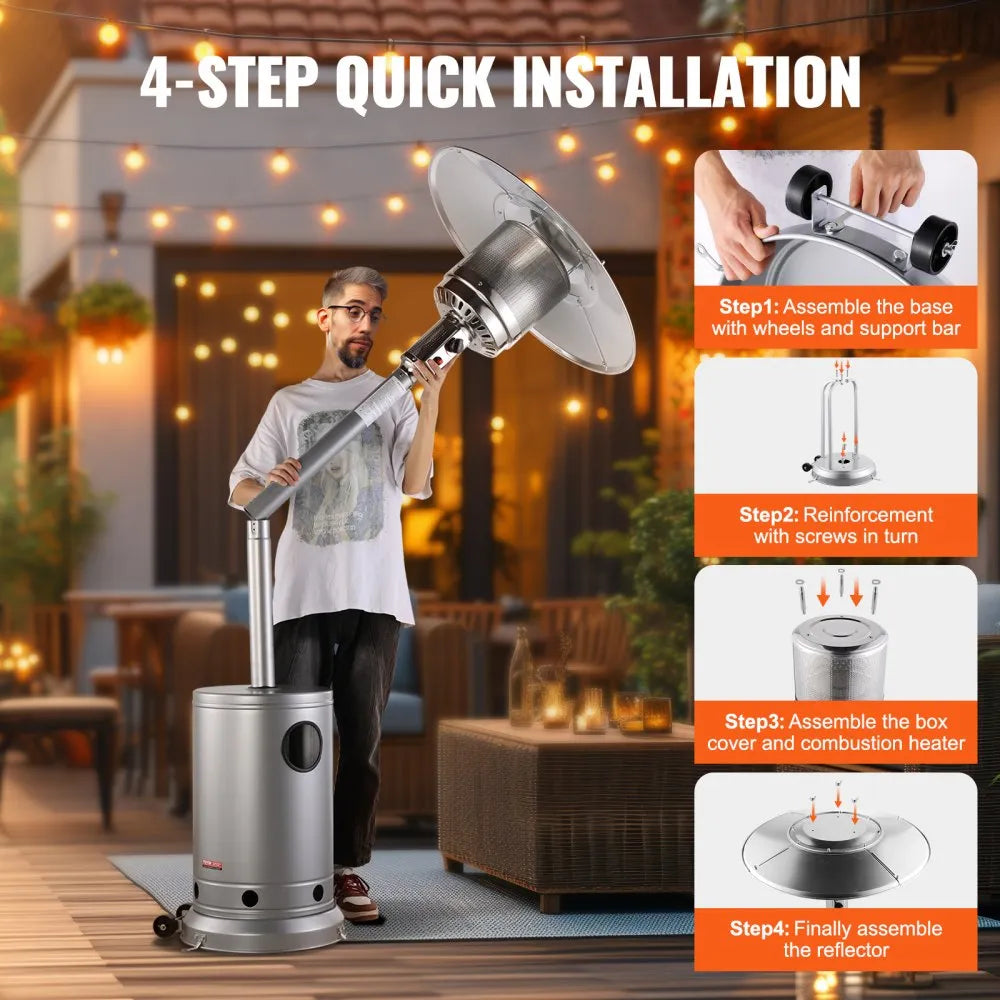 50,000 BTU Outdoor Propane Heater with Hammered Silver Finish and Round Table