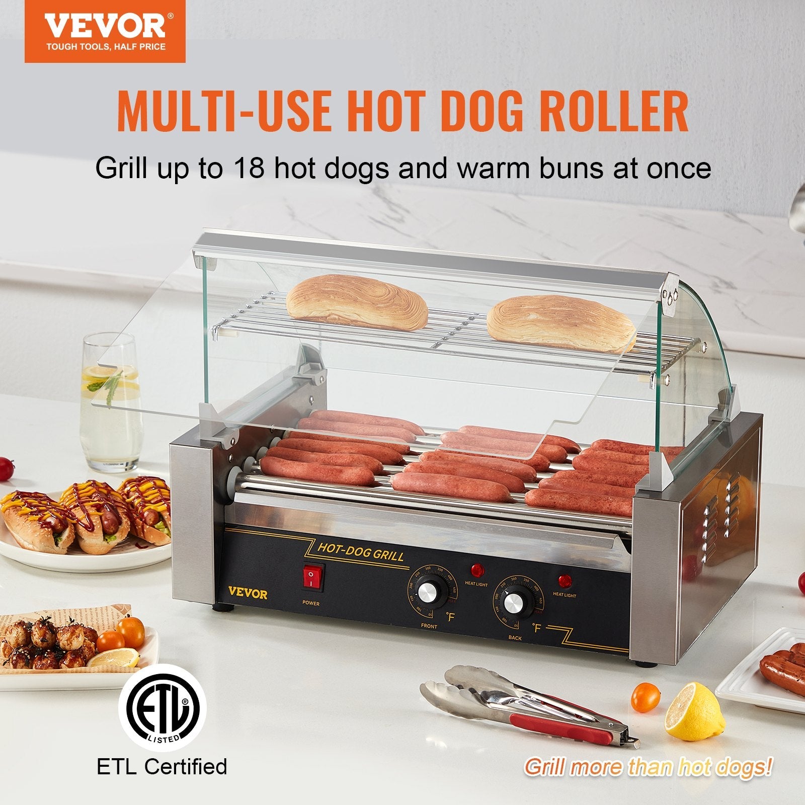 VEVOR Hot Dog Roller 7 Rollers 18 Hot Dogs Capacity, 1050W Stainless Sausage Grill Cooker Machine with Dual Temp Control Glass Hood Acrylic Cover Bun Warmer Shelf Removable Oil Drip Tray ETL Certified