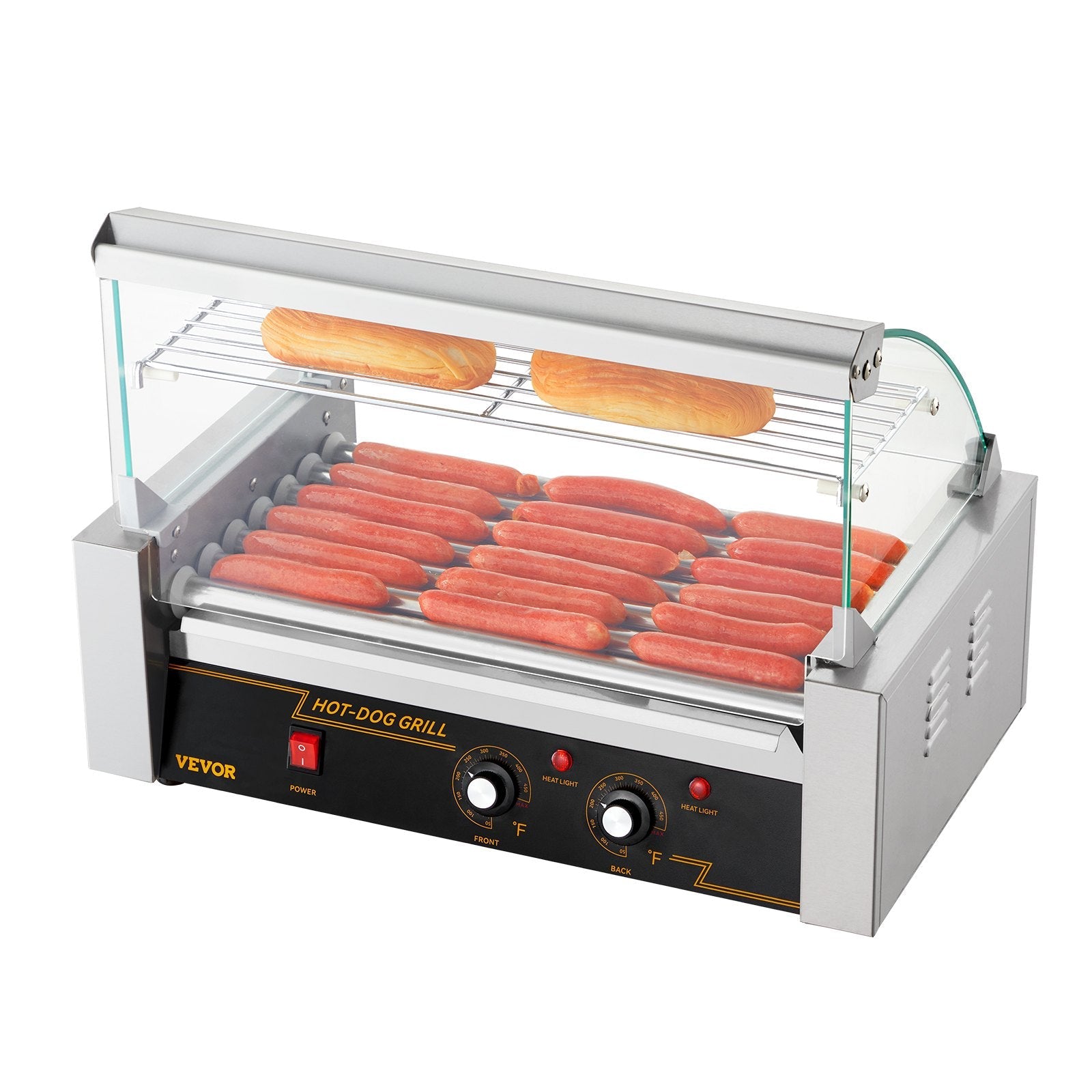VEVOR Hot Dog Roller 7 Rollers 18 Hot Dogs Capacity, 1050W Stainless Sausage Grill Cooker Machine with Dual Temp Control Glass Hood Acrylic Cover Bun Warmer Shelf Removable Oil Drip Tray ETL Certified