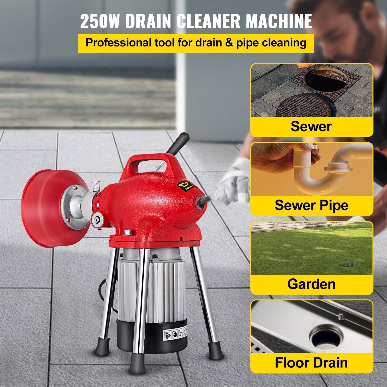 VEVOR Drain Cleaner Machine, 250W 2 Cables, Electric Drain Auger for 3/4\" to 4\" Pipes, Power Spin with Autofeed Function & 6 Cutters, Sewer Snake for Toilet, Sewer, Bathroom, Sink and Shower