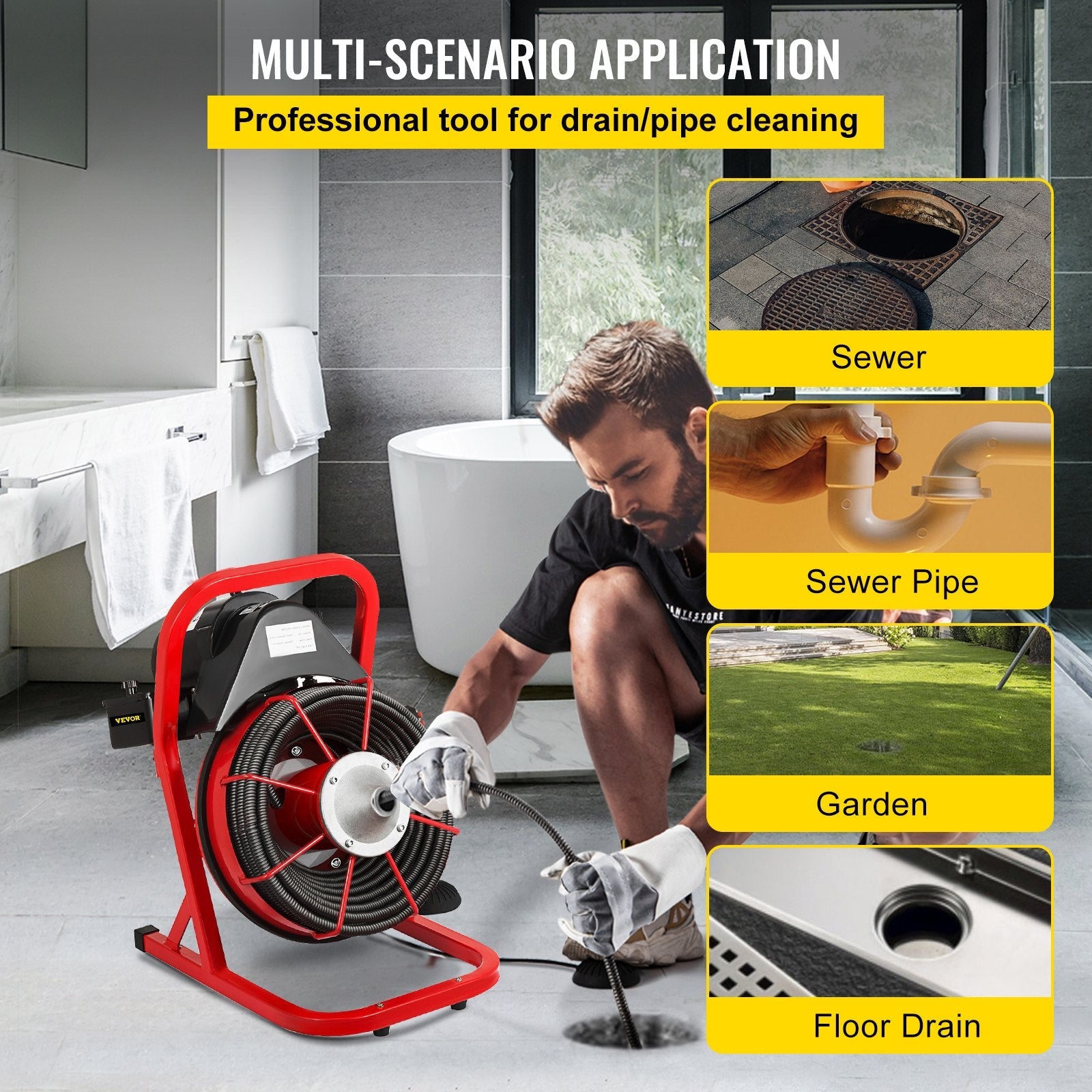 VEVOR 50 Ft x 1/2 Inch Drain Cleaner Machine Best fit 1”(25mm) to 4”(100mm) Pipes Drain Cleaning Machine Portable Drain Auger Cleaner with 4 Cutters Electric Drain Auger Plumbing Tool (50Ft x 1/2In)