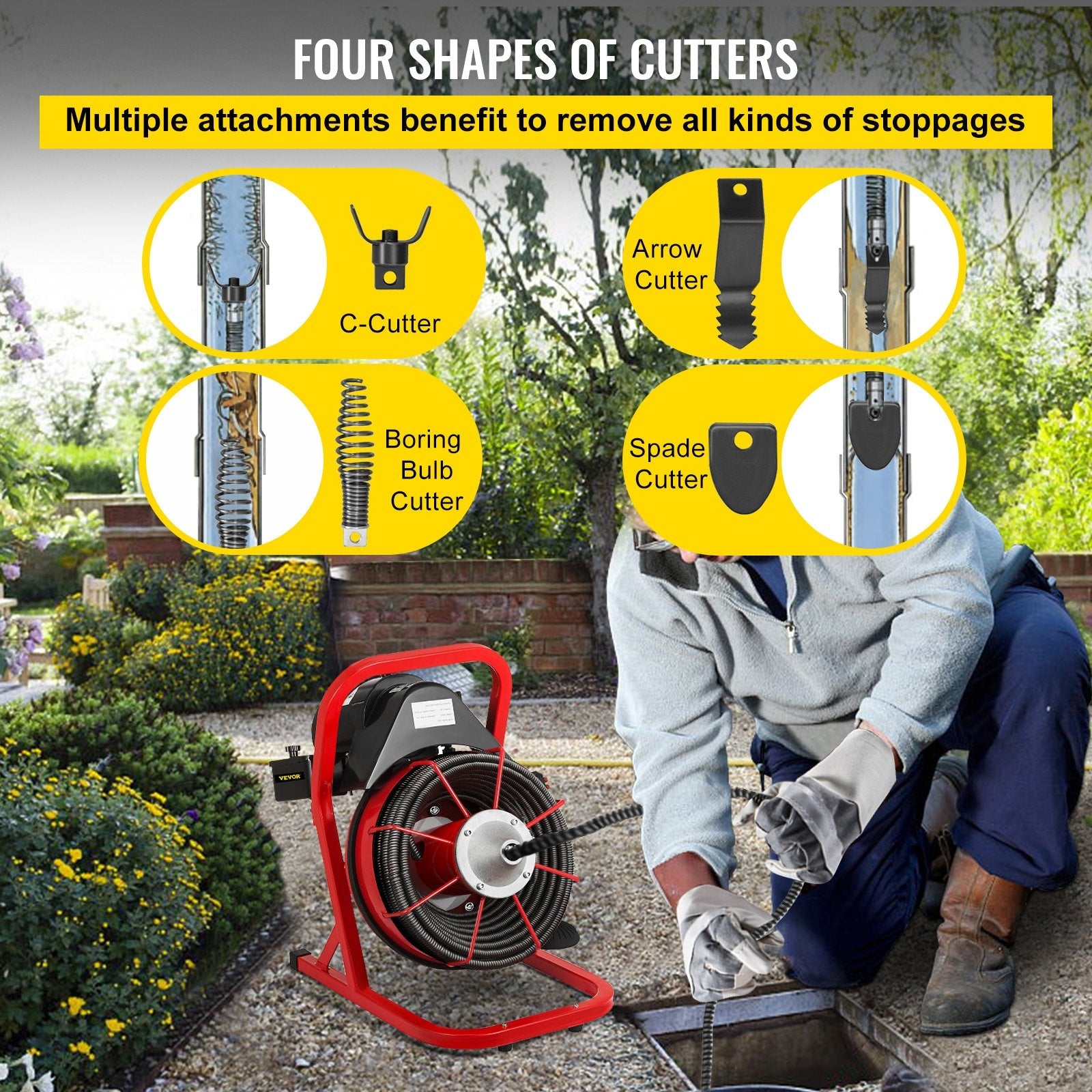 VEVOR 50 Ft x 1/2 Inch Drain Cleaner Machine Best fit 1”(25mm) to 4”(100mm) Pipes Drain Cleaning Machine Portable Drain Auger Cleaner with 4 Cutters Electric Drain Auger Plumbing Tool (50Ft x 1/2In)